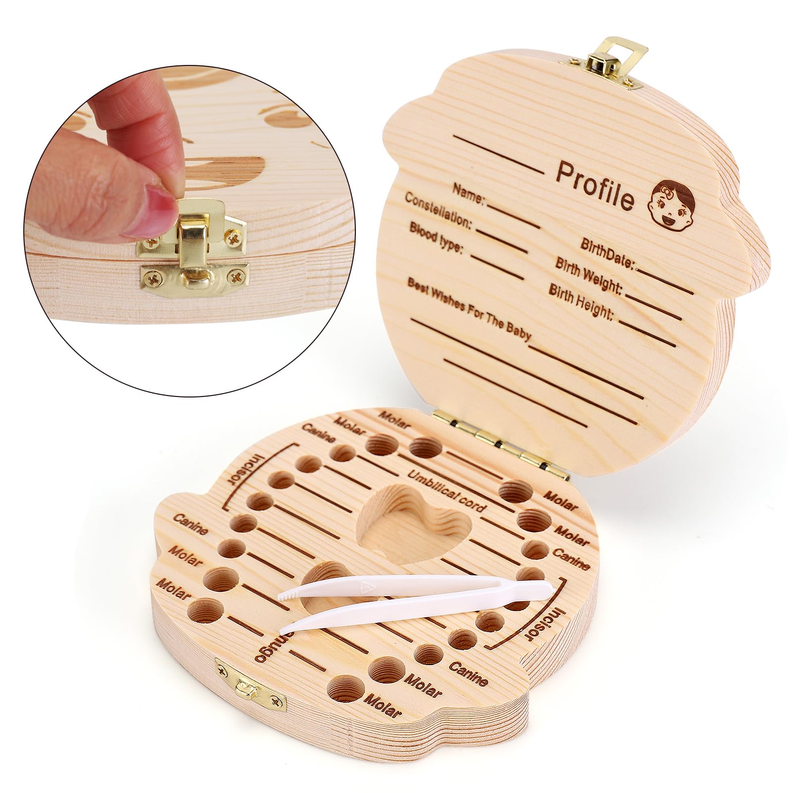 NASHRIO wooden tooth container inside storage keeps baby teeth organized.