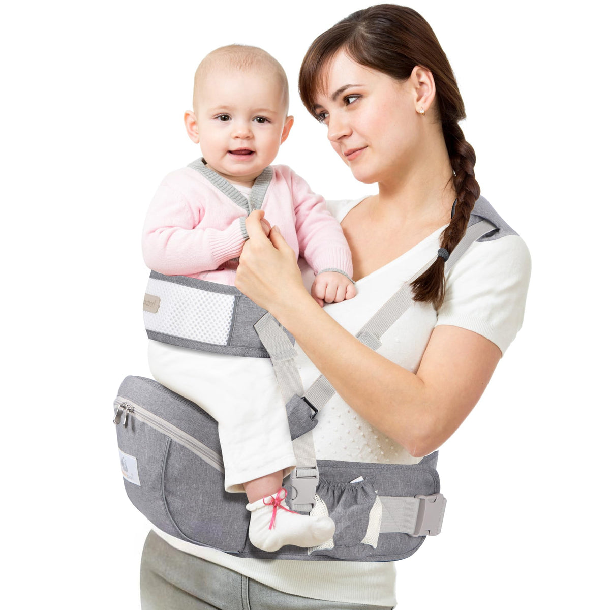 The NASSBON baby hip-seat base shows sturdy ergonomic build for long wear