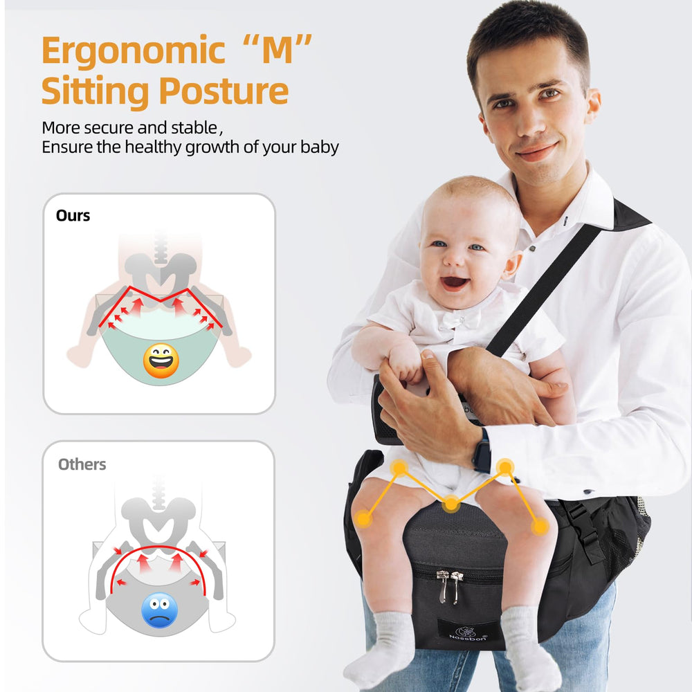 NASSBON hip seat multi-carry positions – front, facing, side, and feeding options.