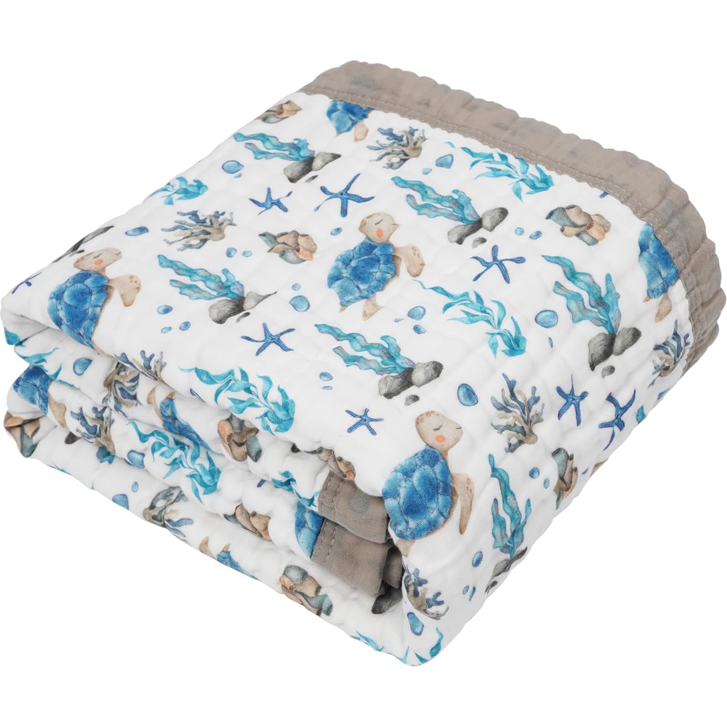 Natchiketa sea turtle muslin blanket fold showcases portable warmth for on-the-go use.