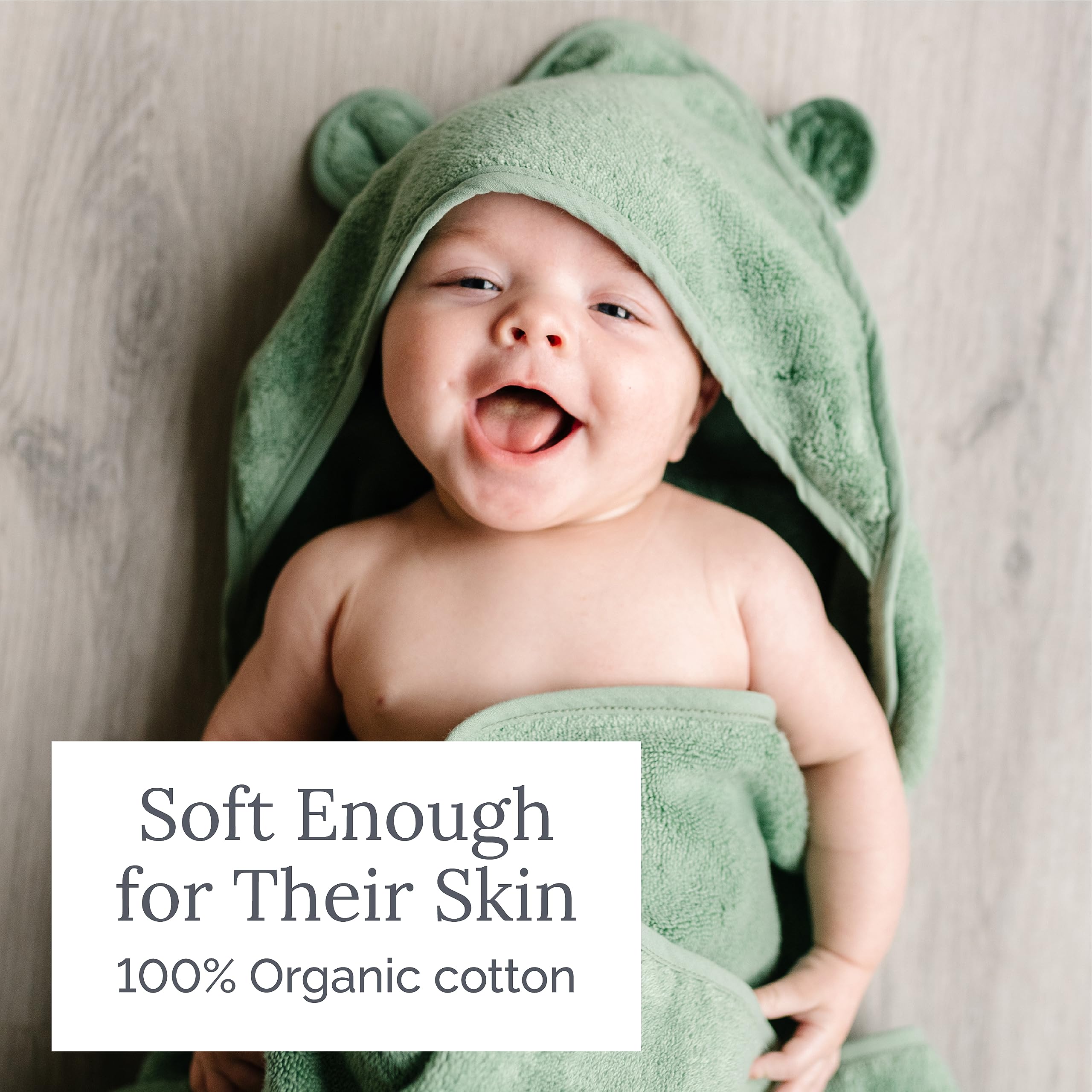 Natemia hooded baby towel hood detail emphasizes cozy warmth for post bath time.