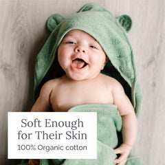 Natemia hooded baby towel hood detail emphasizes cozy warmth for post bath time.
