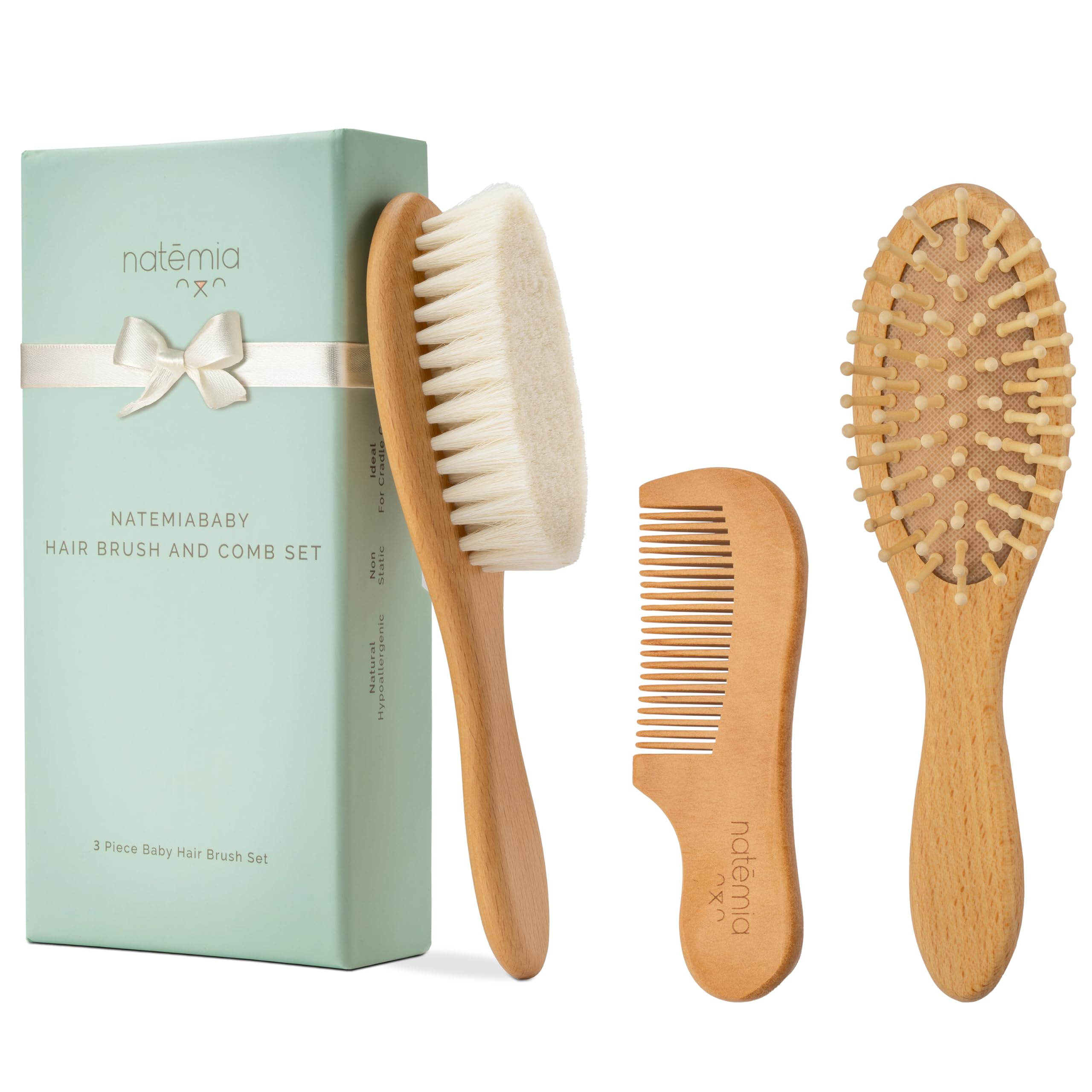 Natemia wooden baby hair brush pack-3 oval close-up for gentle scalp care