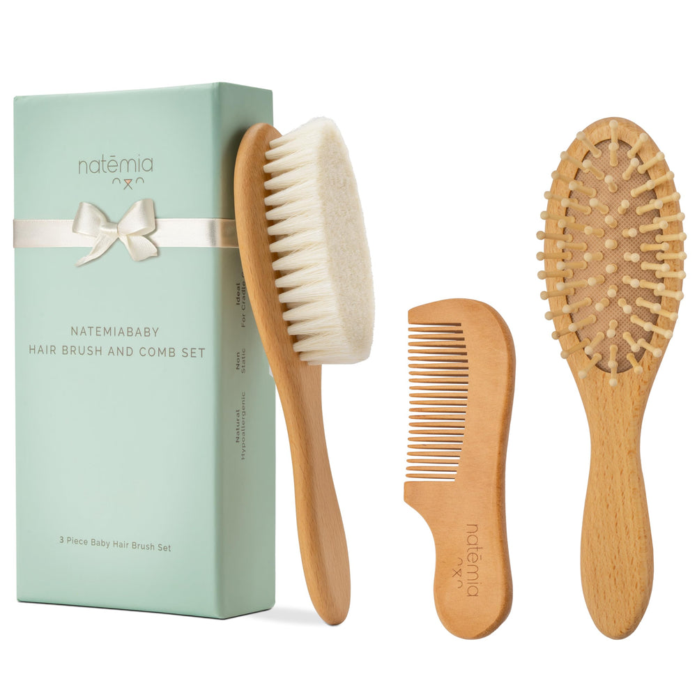 Natemia wooden baby hair brush pack-3 oval close-up for gentle scalp care