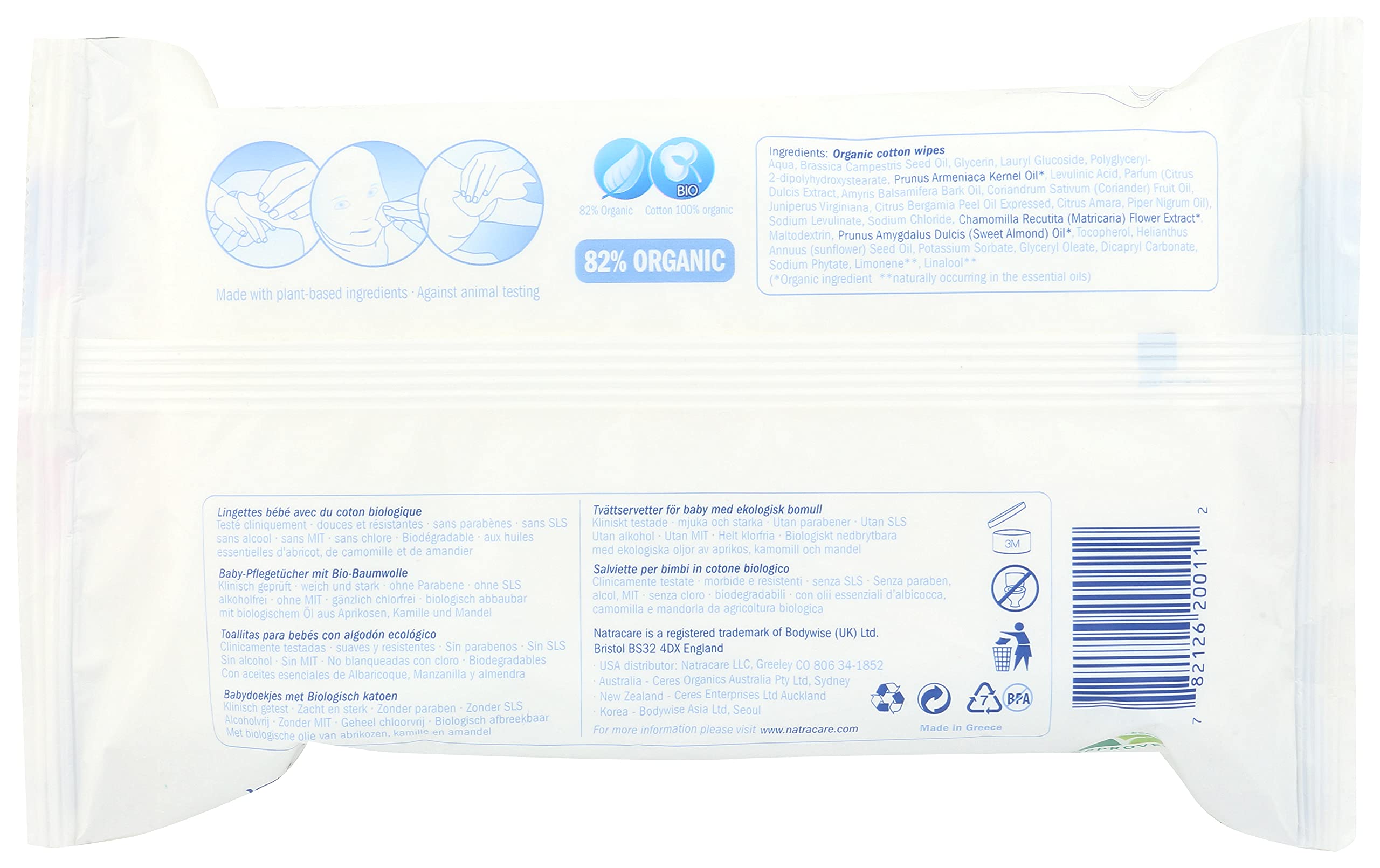 Natracare Baby Wipes pack front showing organic formula.