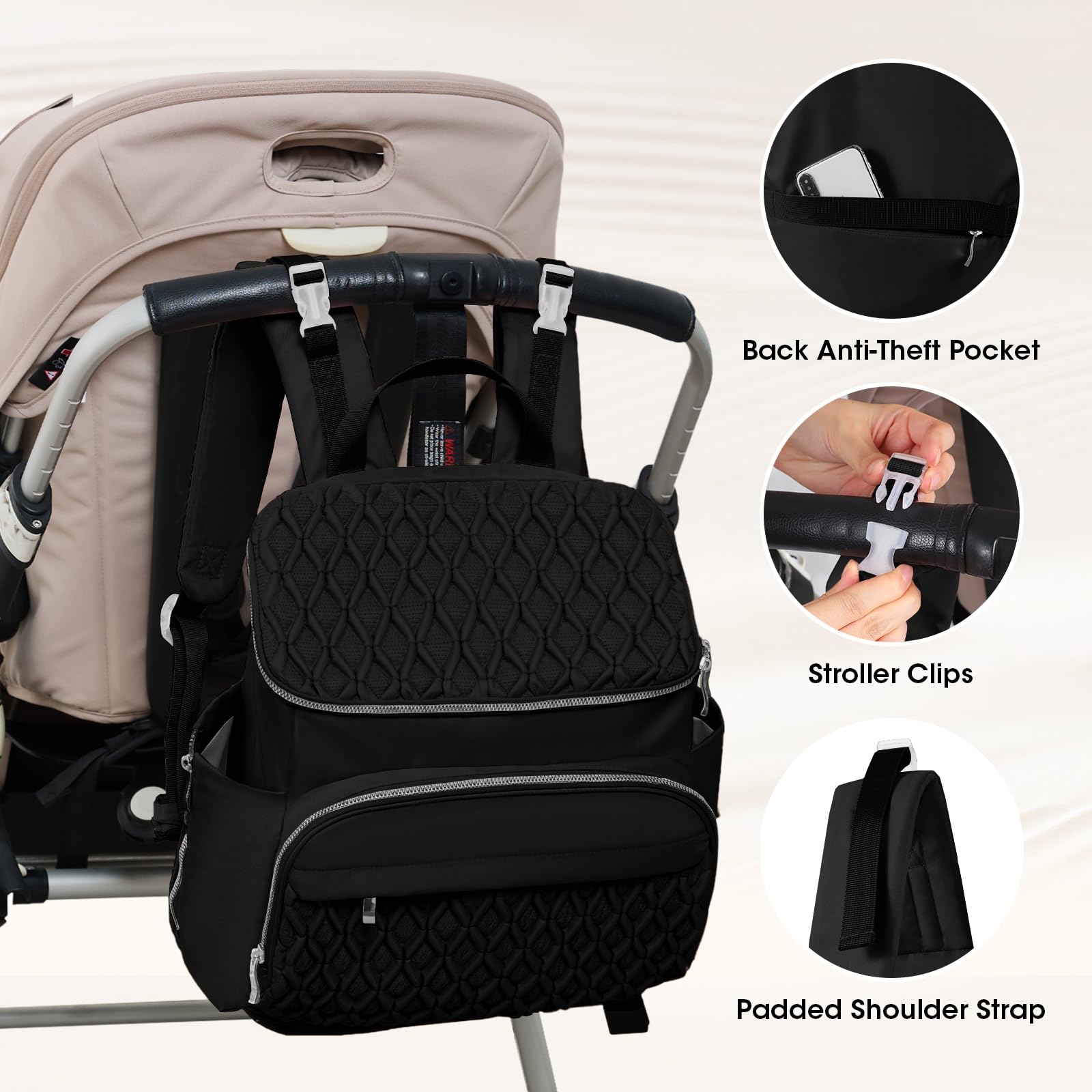 NatuFuse Baby Diaper Bag includes stroller clips and luggage strap for hands-free travel