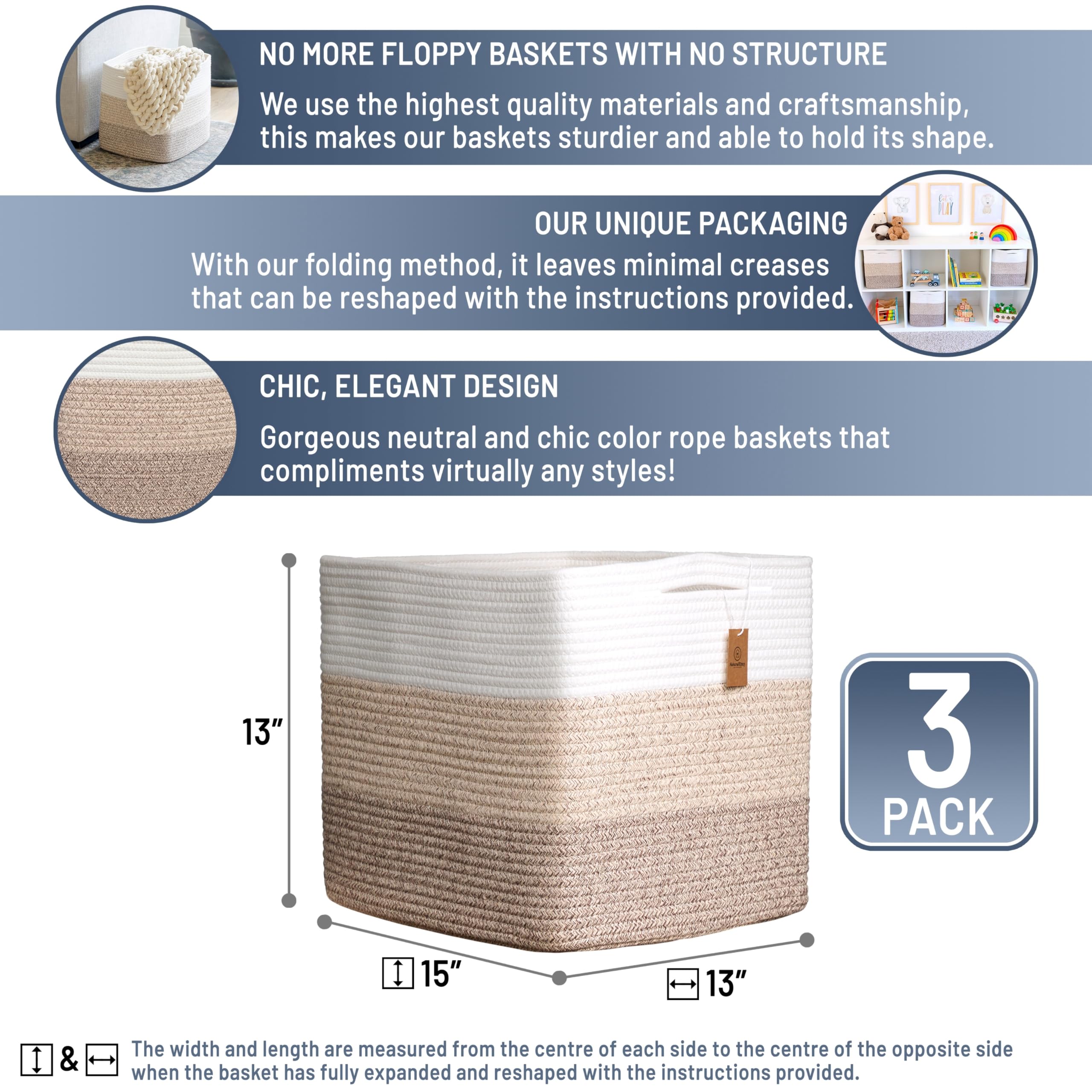 NaturalCozy cotton rope bin folded neatly demonstrating easy reshaping.