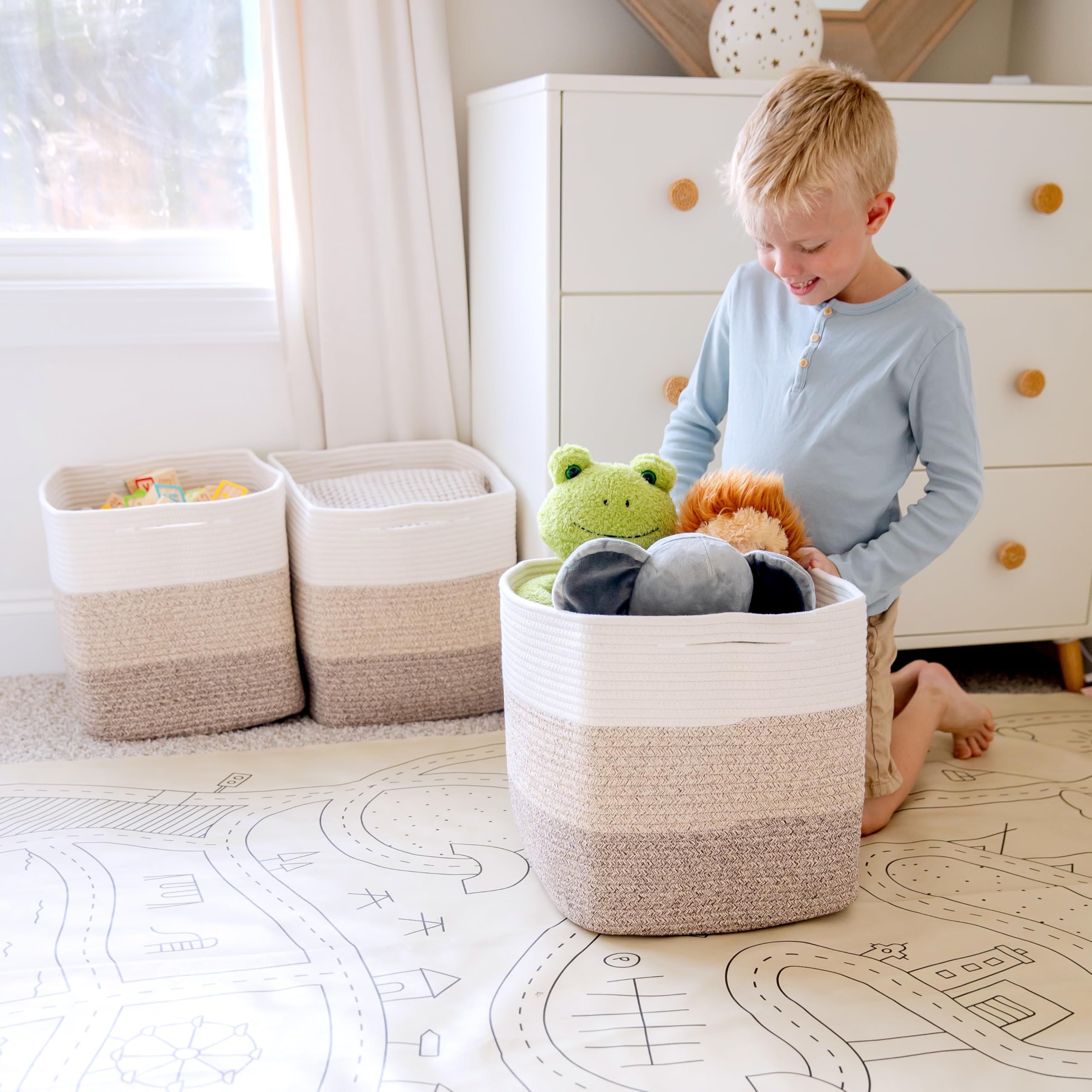 NaturalCozy toy storage idea for playroom organization.