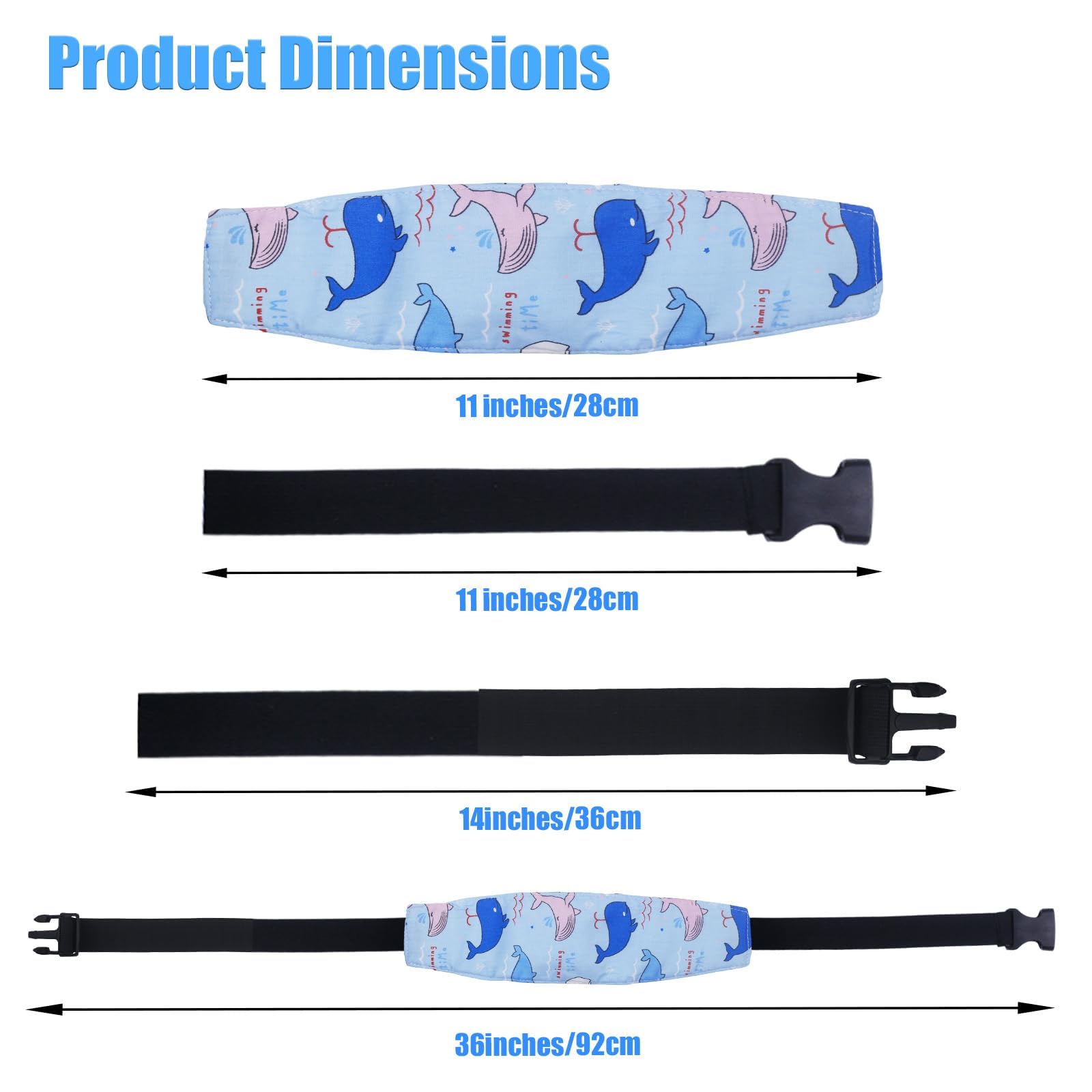 Naturahand head-support band with dinosaur pattern relieves neck fatigue during car rides.