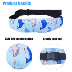 Naturahand head-support band dolphin pattern comforts sleeping toddlers in strollers.