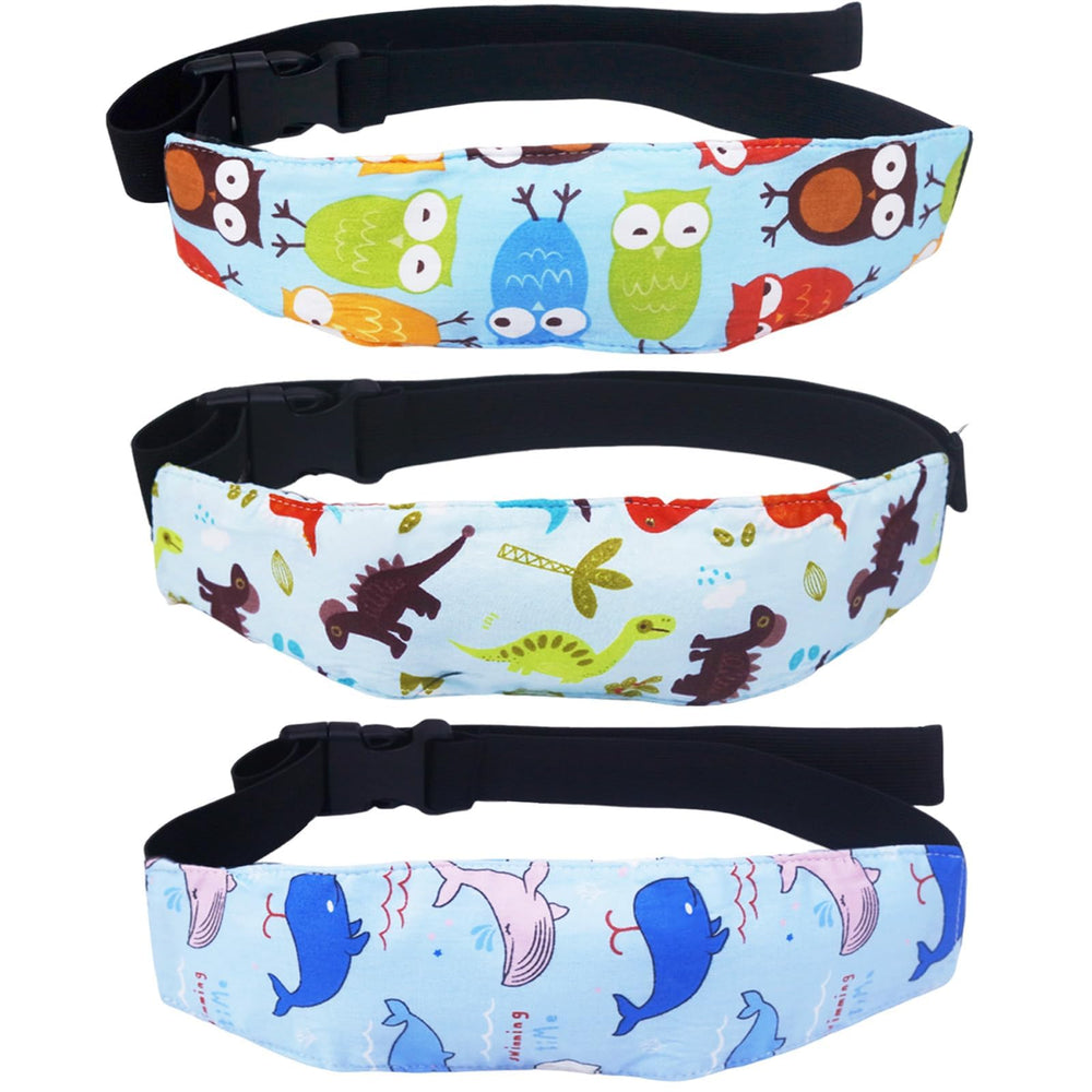 Naturahand baby head-support band with owl pattern provides comfy sleep on the go.