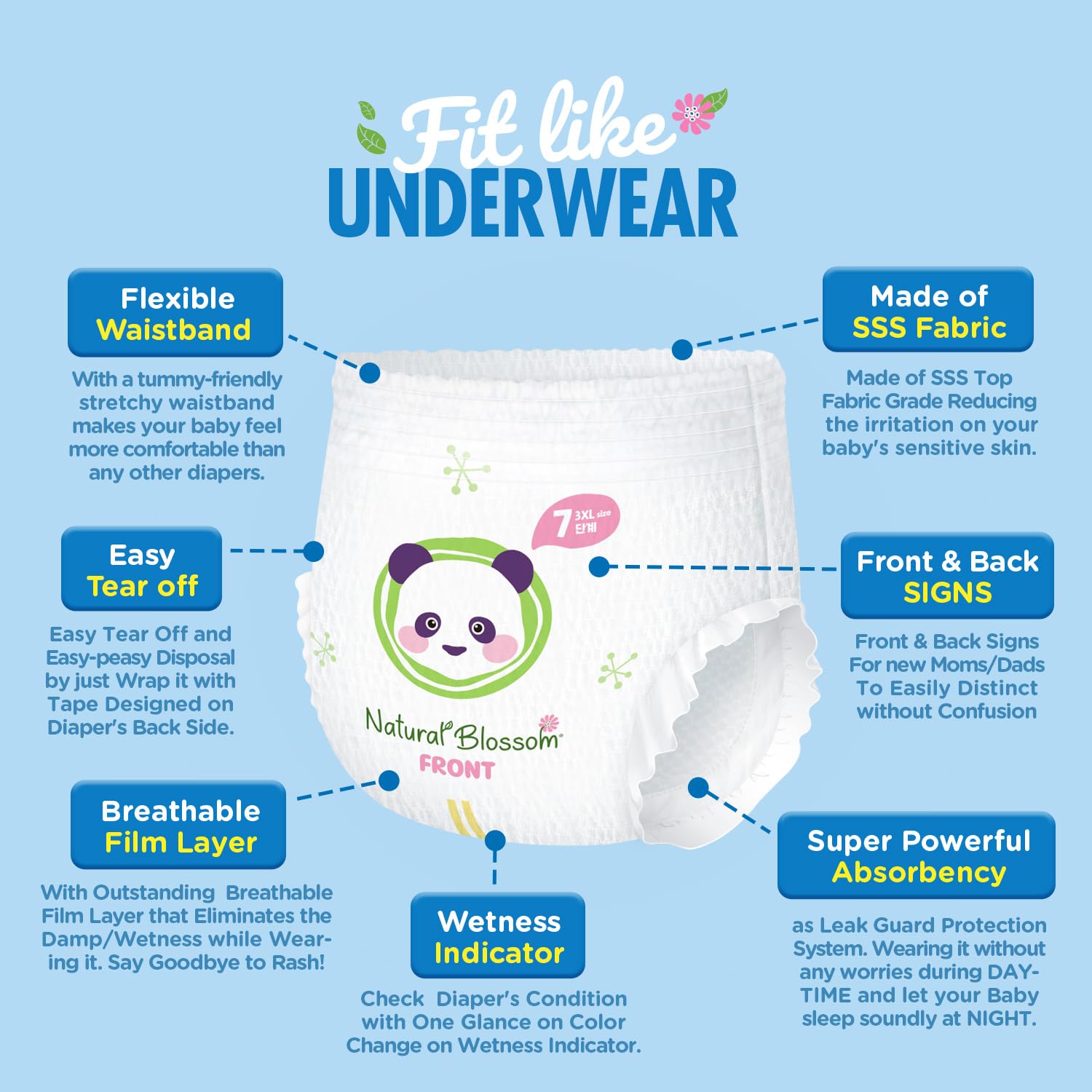 Natural Blossom pull-on diapers showing elastic waistband for a snug, comfy fit.