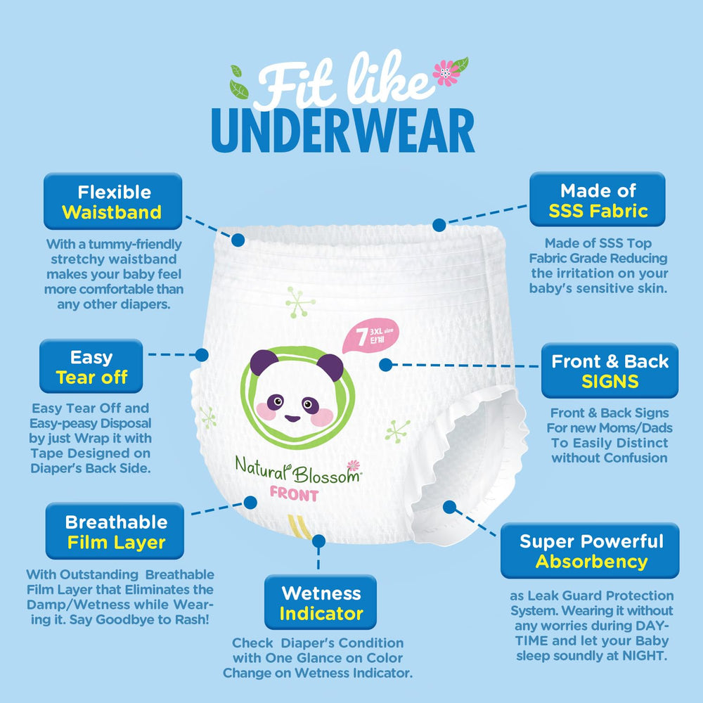 Natural Blossom pull-on diapers showing elastic waistband for a snug, comfy fit.