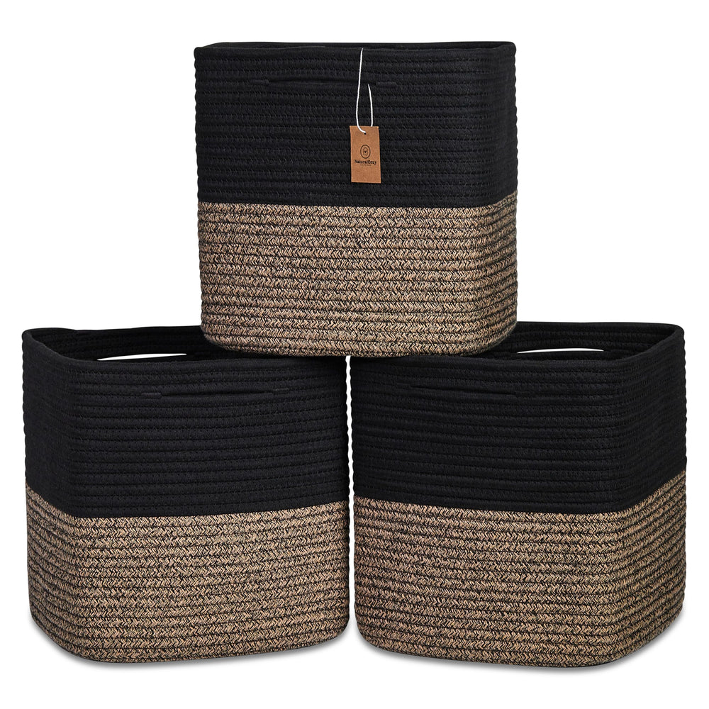 NaturalCozy 13-inch cube storage bin shows folding method for neat shelves and shape retention.