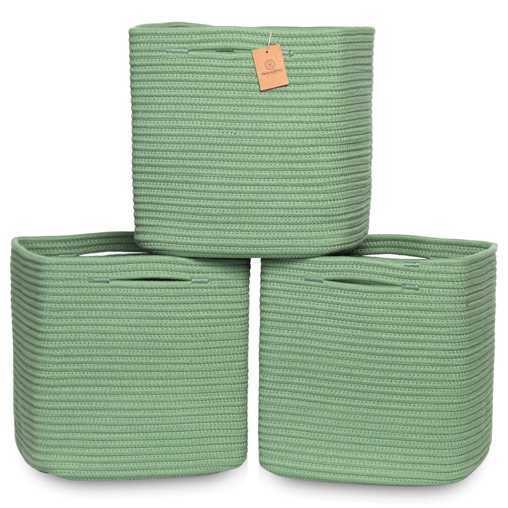 NaturalCozy 13-Inch Cube Bin folding method shown for easy shelf organization.