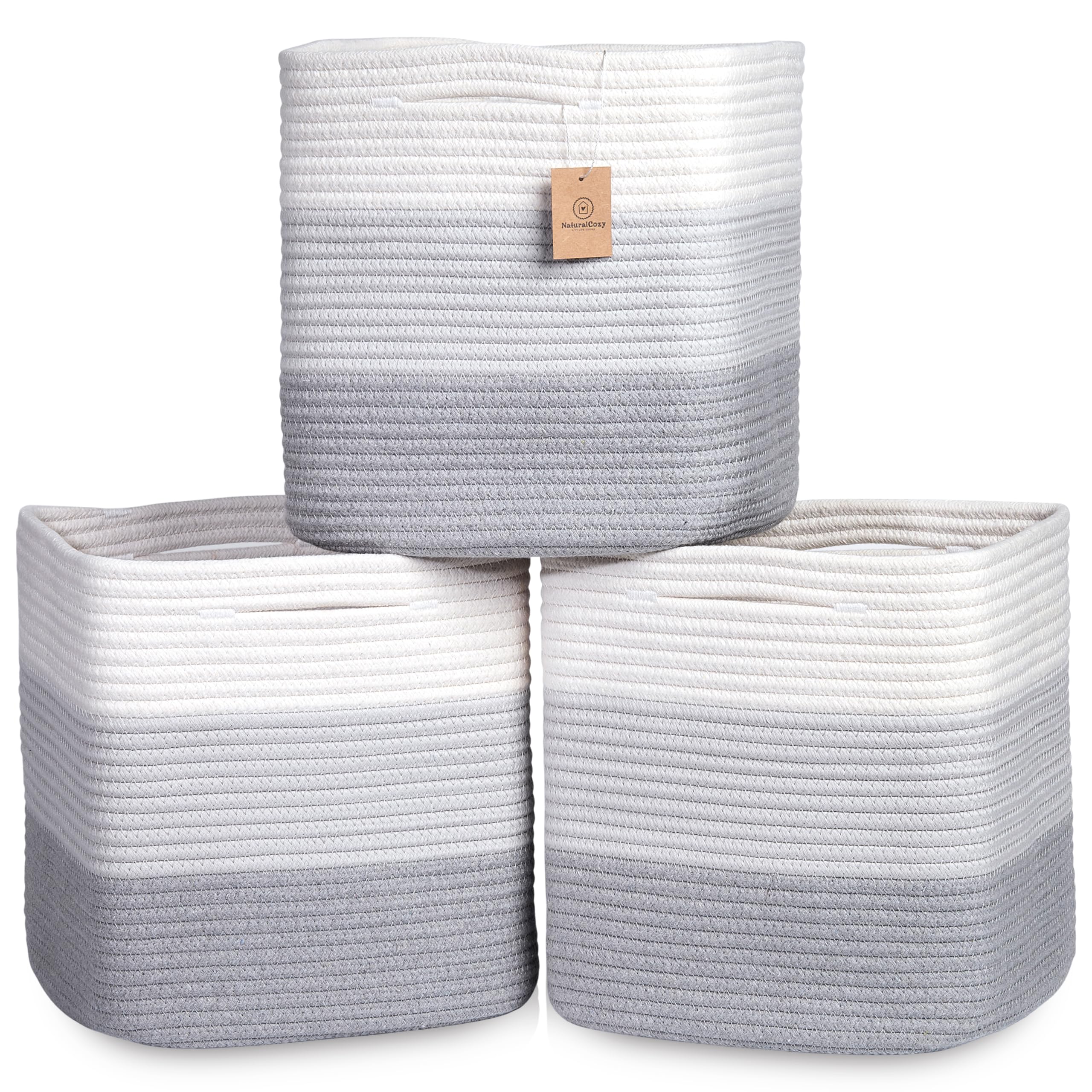 NaturalCozy 13-inch cube storage bin shows folded rope design for organized shelves.