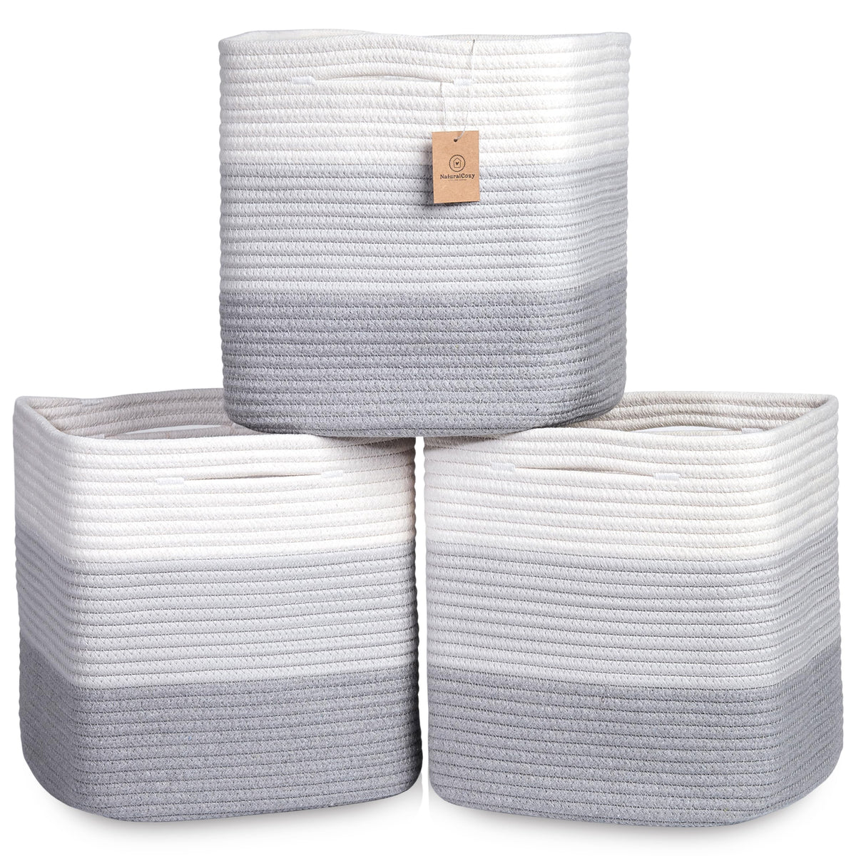 NaturalCozy 13-inch cube storage bin shows folded rope design for organized shelves.