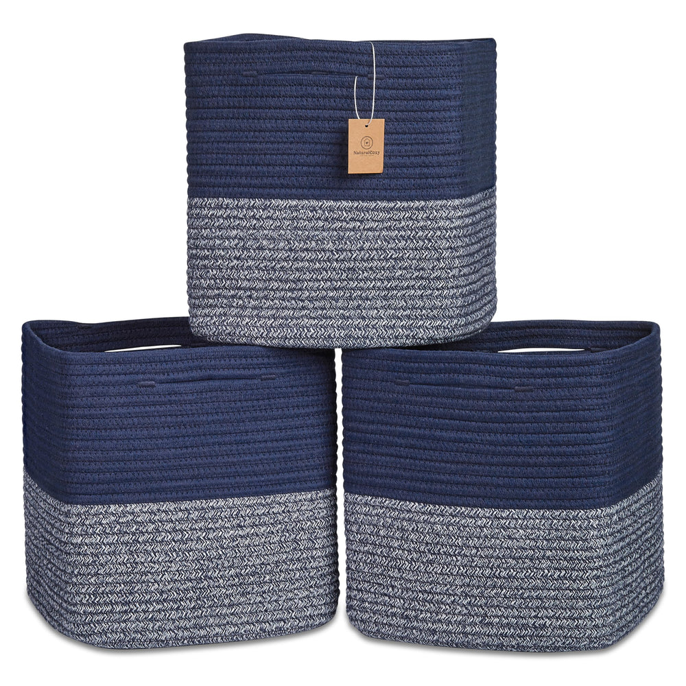 NaturalCozy 13-inch cube bin folded close-up shows durable cotton rope for easy shaping on shelves.