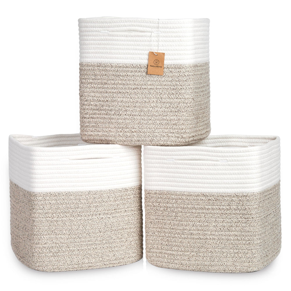 NaturalCozy 13-inch cube storage bin folded maintains shape for tidy shelves.