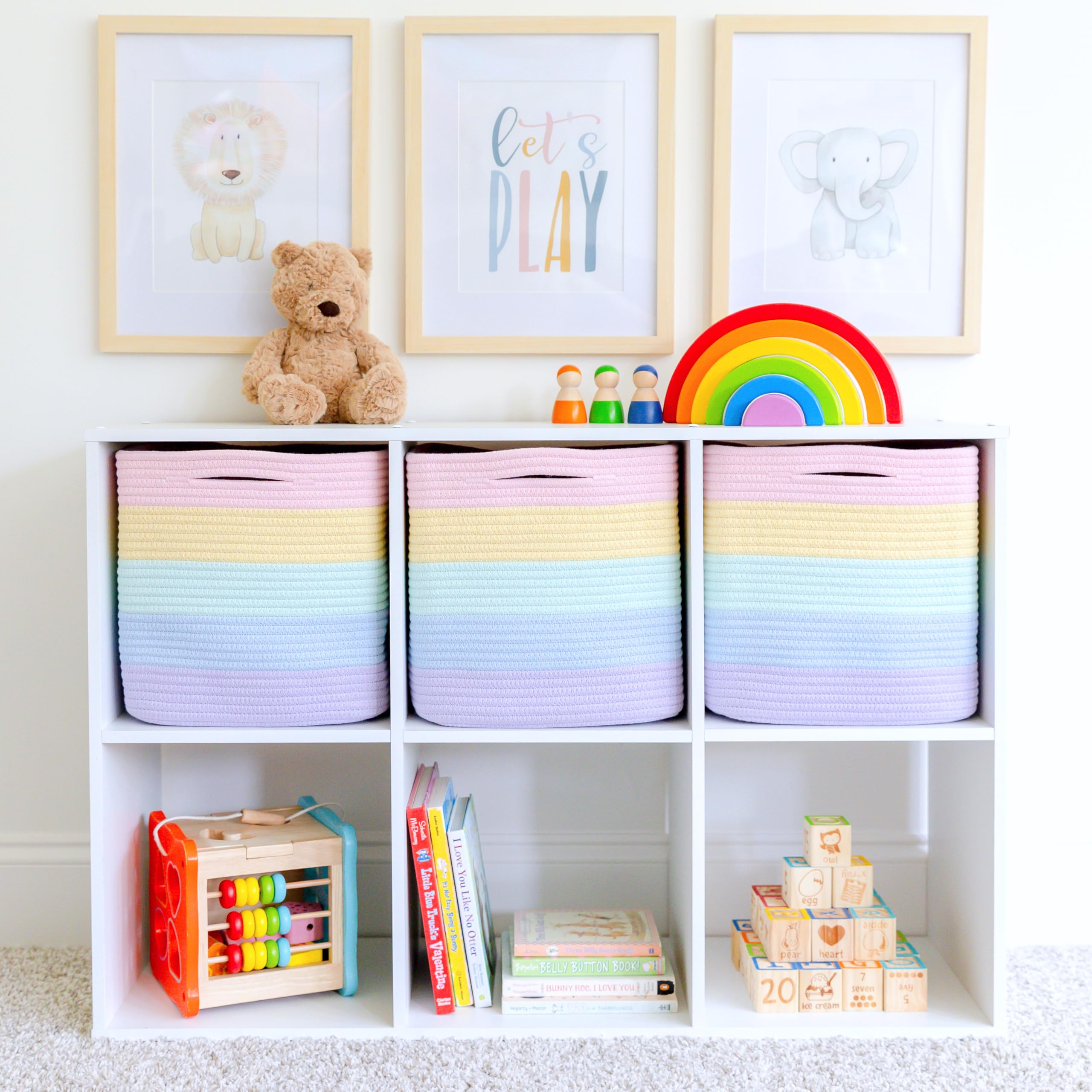 NaturalCozy 3-pack 11x11x11 set on shelf with toys demonstrates versatile storage
