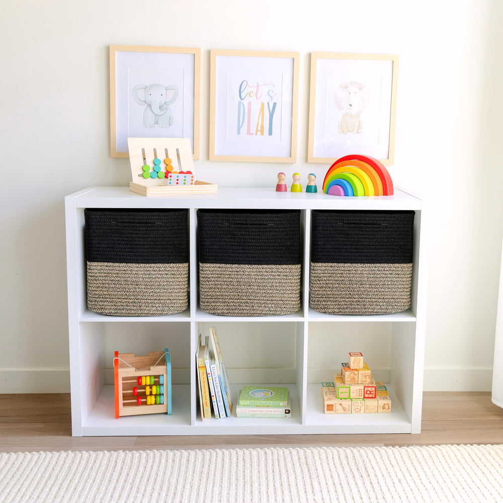 NaturalCozy 3-pack cube storage bins organized on a shelf with toys and blankets.