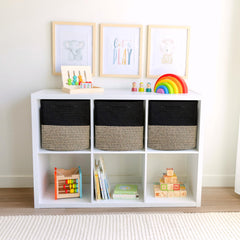 NaturalCozy 3-pack cube storage bins organized on a shelf with toys and blankets.