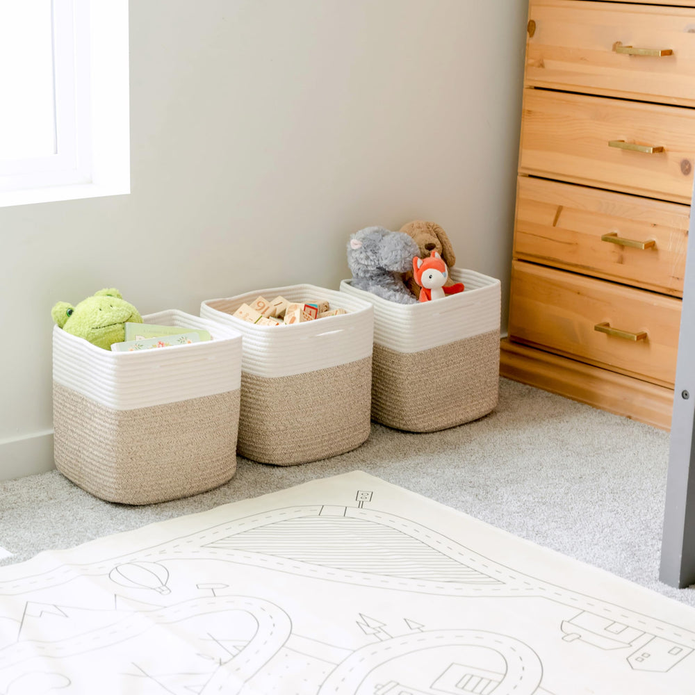 NaturalCozy 3-pack fabric square baskets ideal for toy storage.