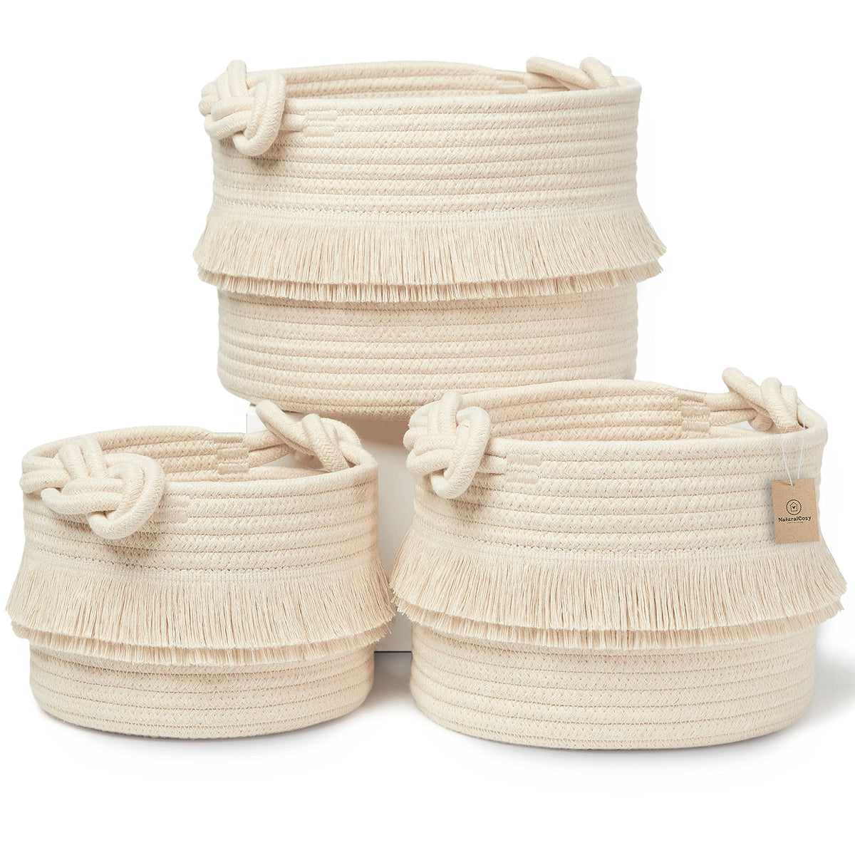 NaturalCozy 3-piece basket set largest size ready for toy storage and nursery organization.