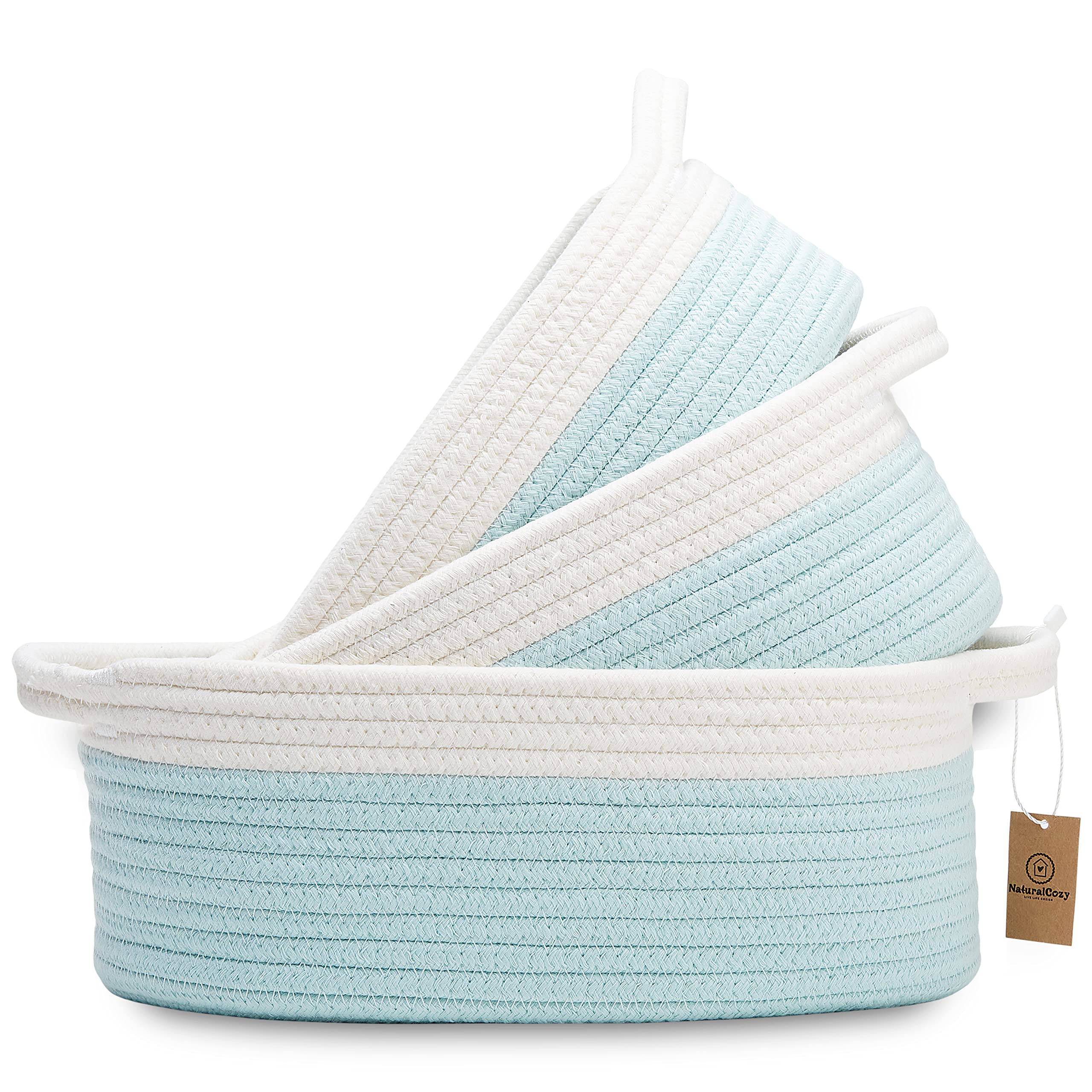 NaturalCozy 3pc oval storage basket set packaging shows ready-to-ship, mess-minimizing organization.