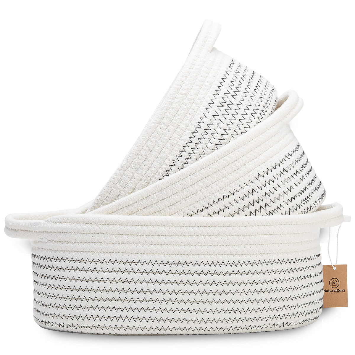 NaturalCozy 3-piece oval basket set large for diaper storage and toy organization.