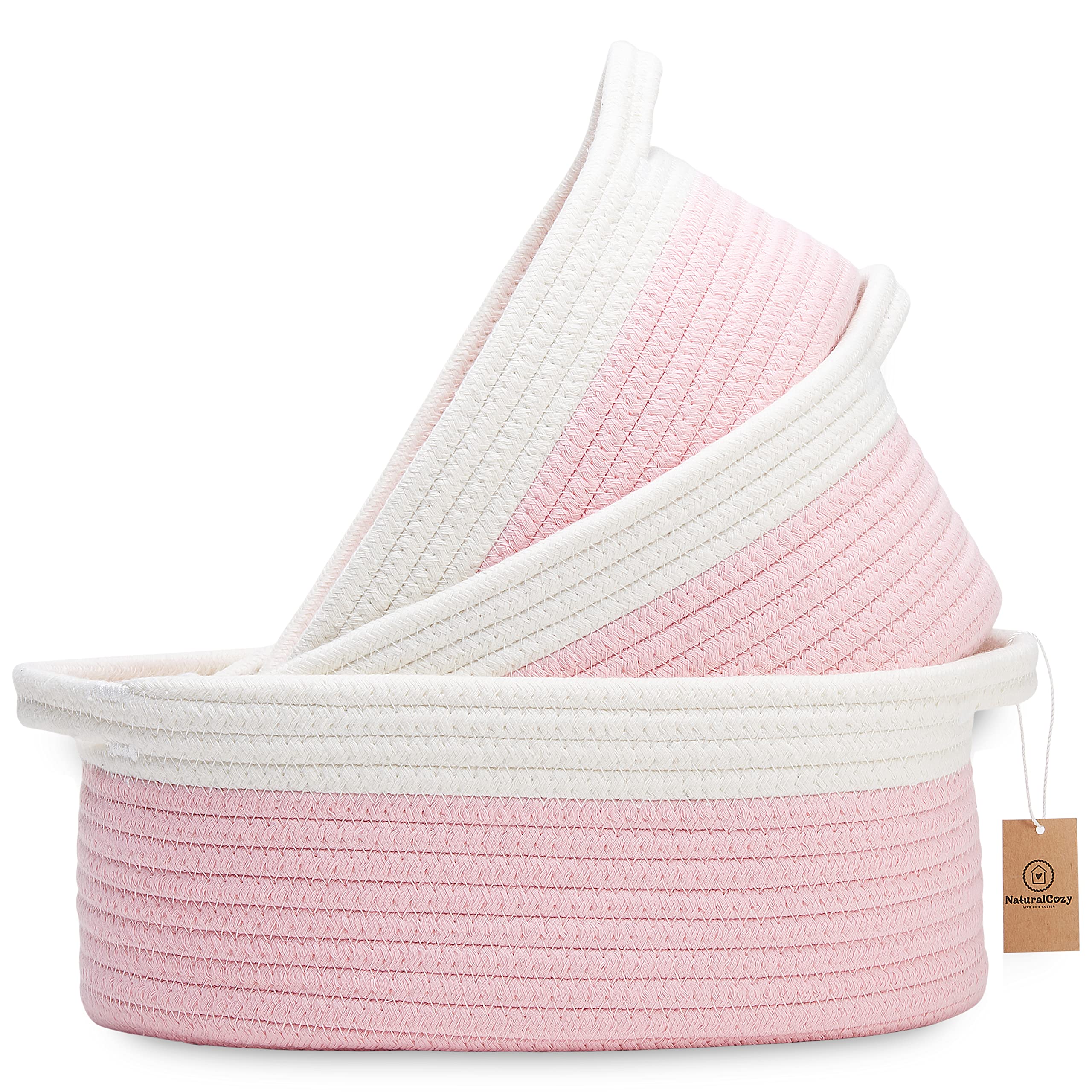 NaturalCozy 3-piece oval storage baskets closeup shows rope texture ideal for nursery organization.