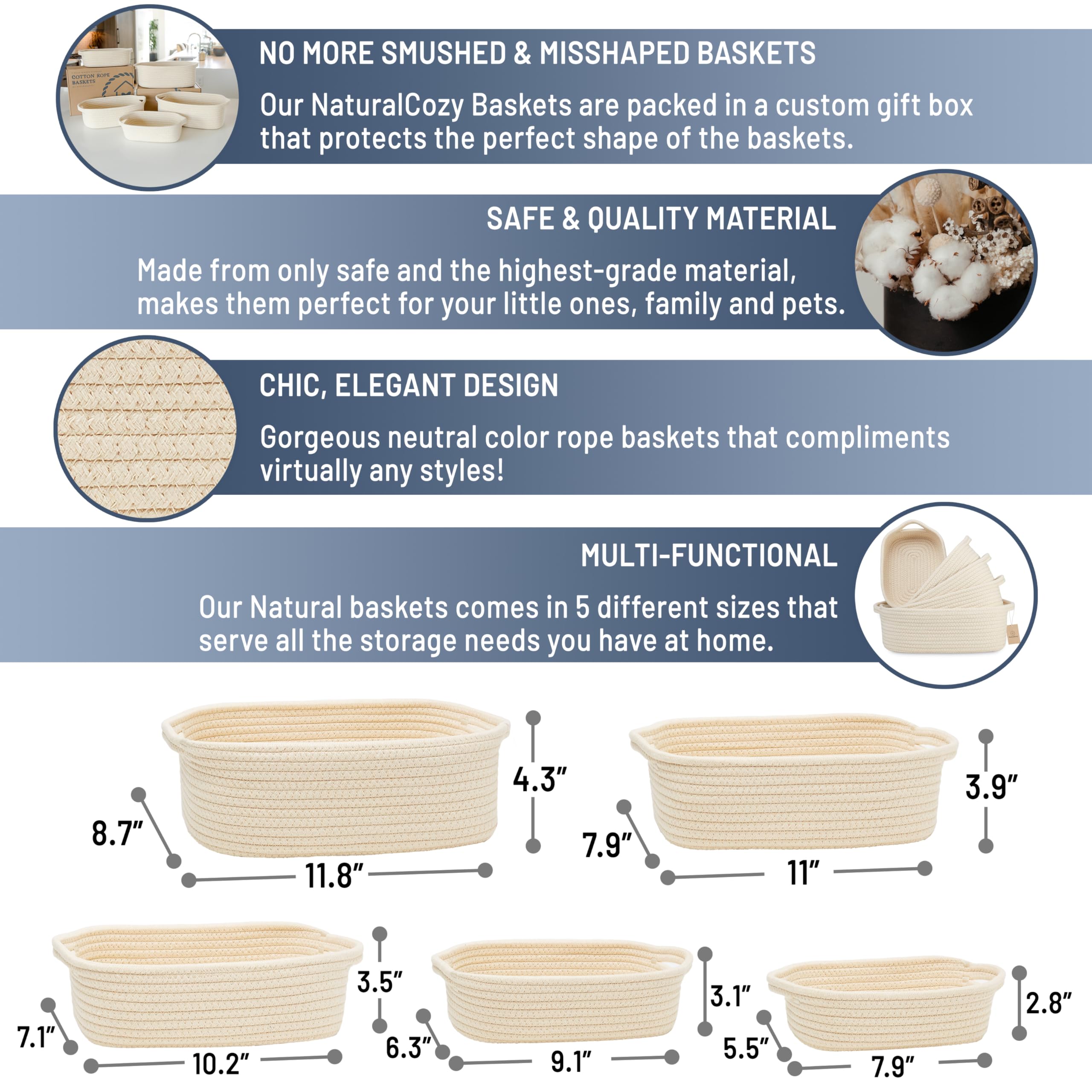 NaturalCozy 5-piece baskets second-largest for toy organization and towel storage