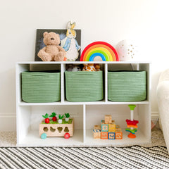 NaturalCozy 9x9x7 storage cubes on pantry shelf offering extra capacity