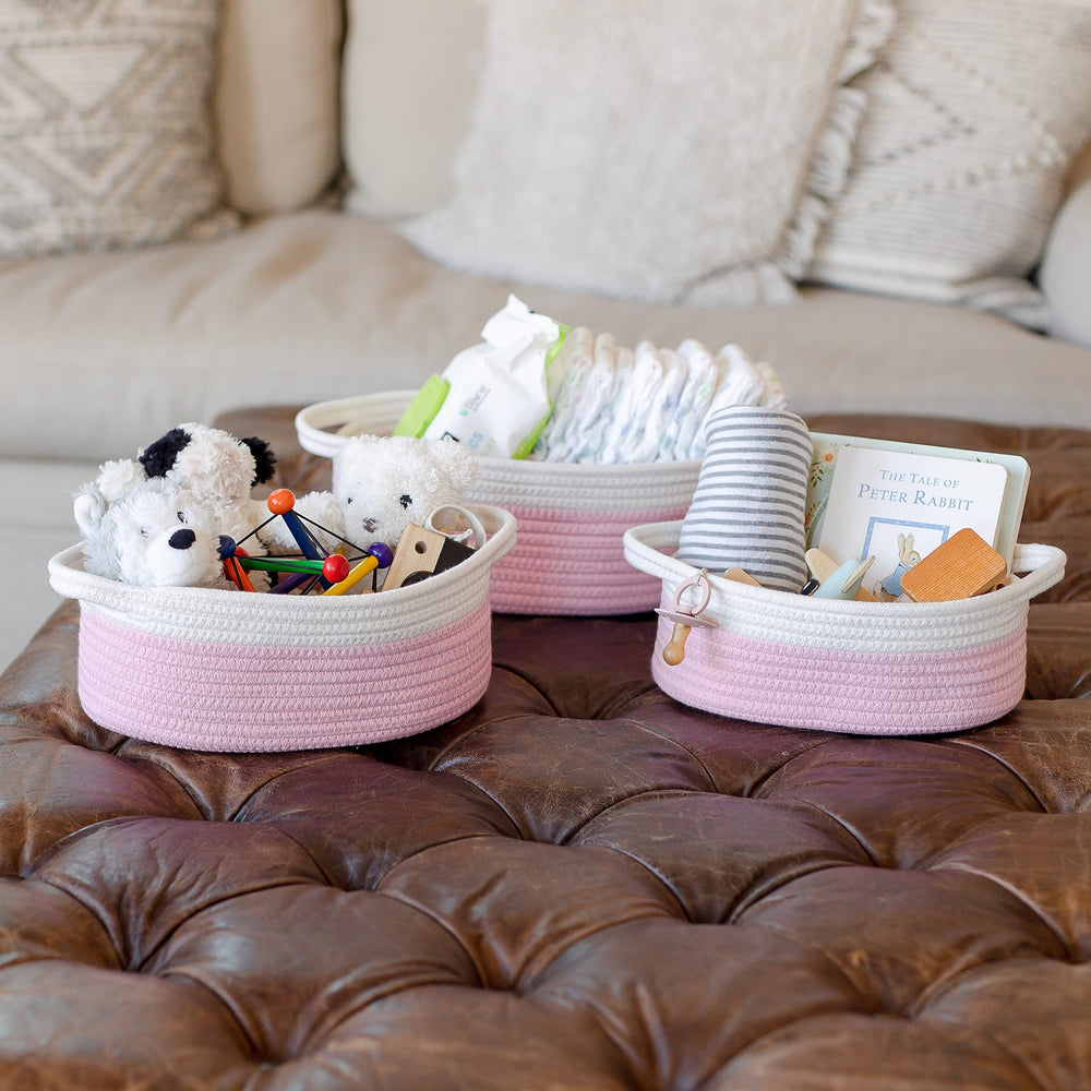 NaturalCozy soft off-white and pink color basket set fits gentle home storage.