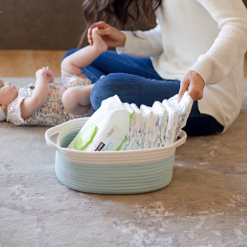NaturalCozy nursery organization on shelf shows versatile living-space solution.