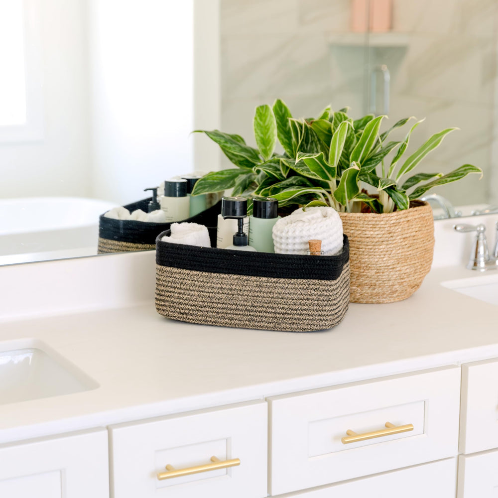 NaturalCozy bathroom storage basket keeping cosmetics and towels neatly stowed.