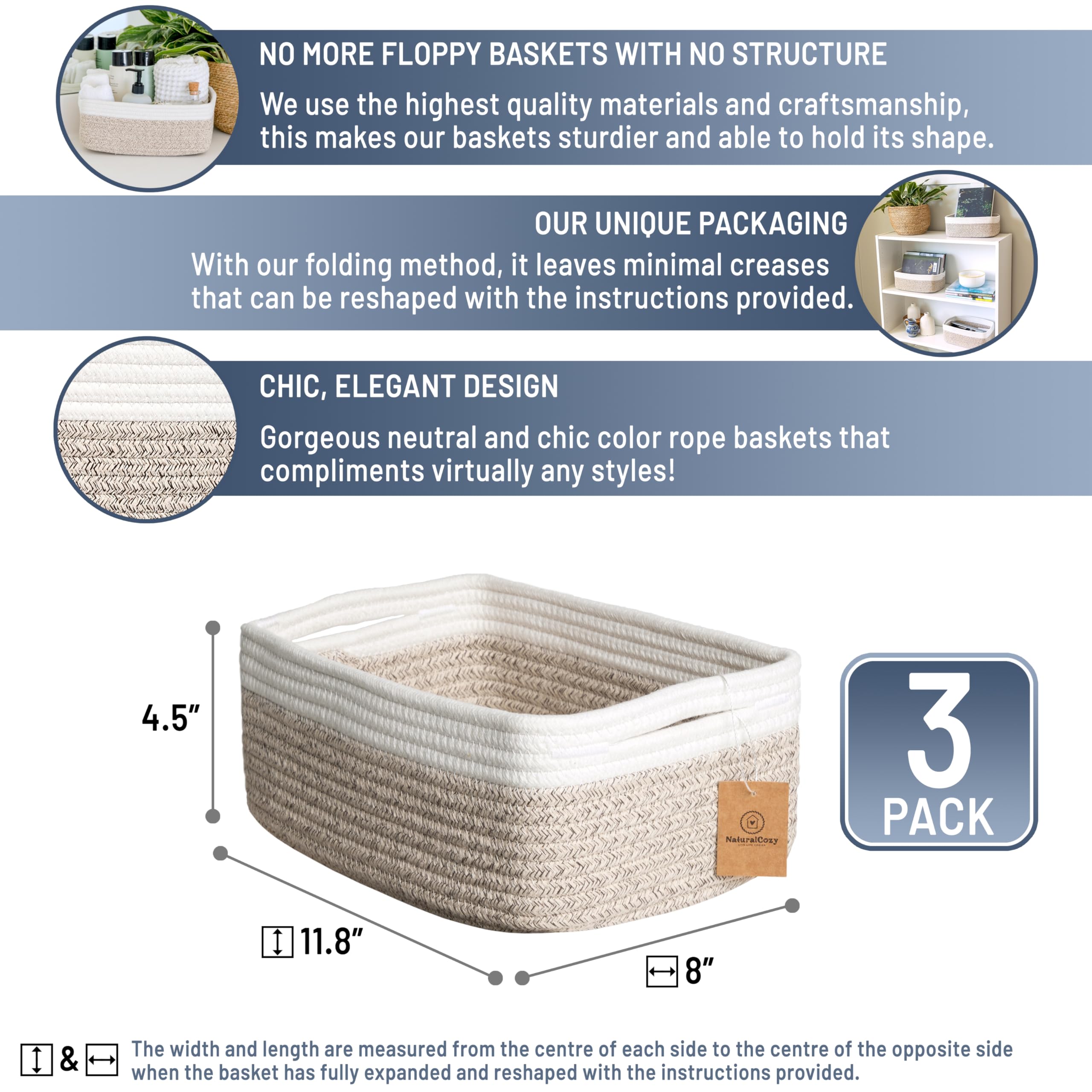 NaturalCozy cotton rope basket weave closeup showing durable texture for organization