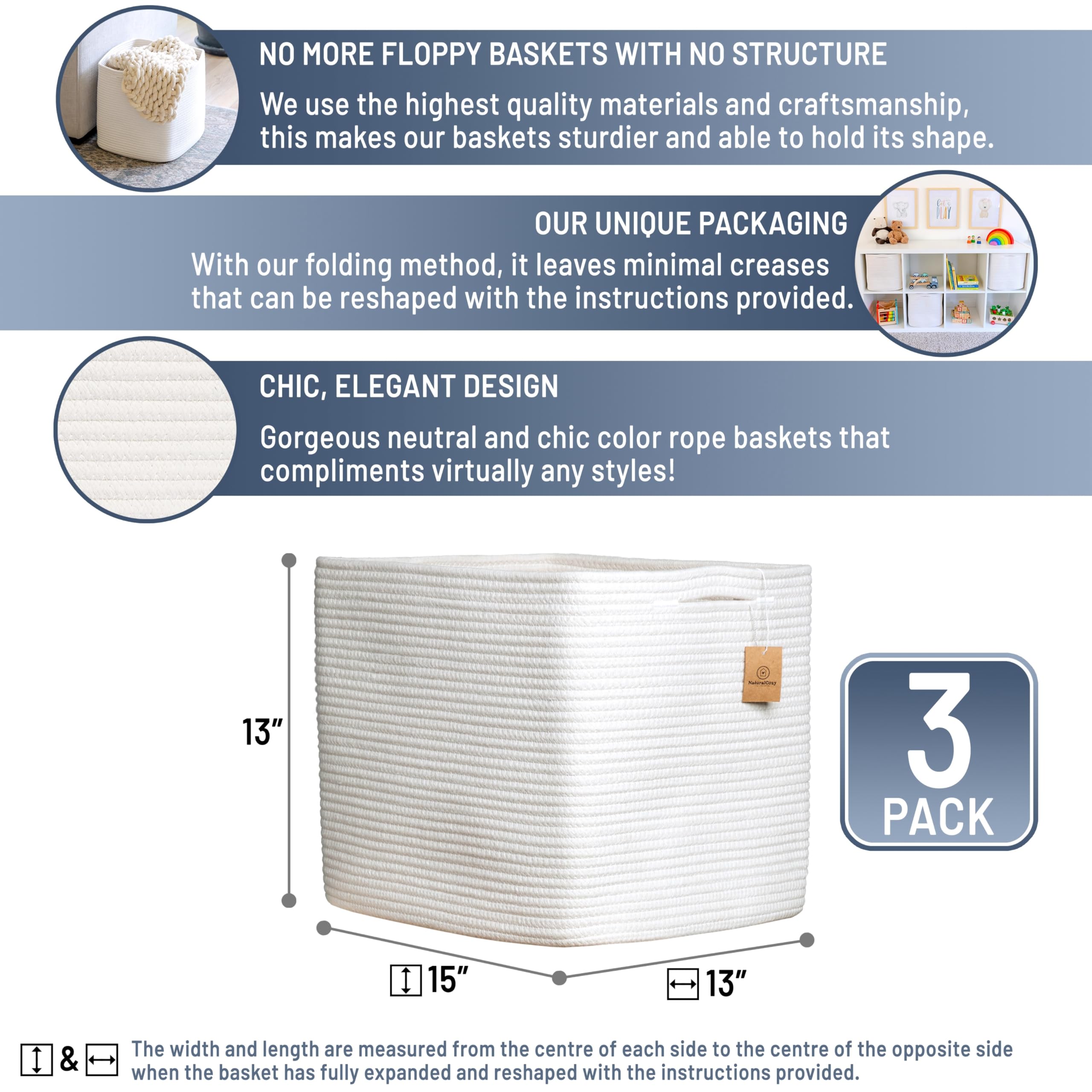 NaturalCozy cotton rope baskets close-up highlights reinforced stitching for heavy loads