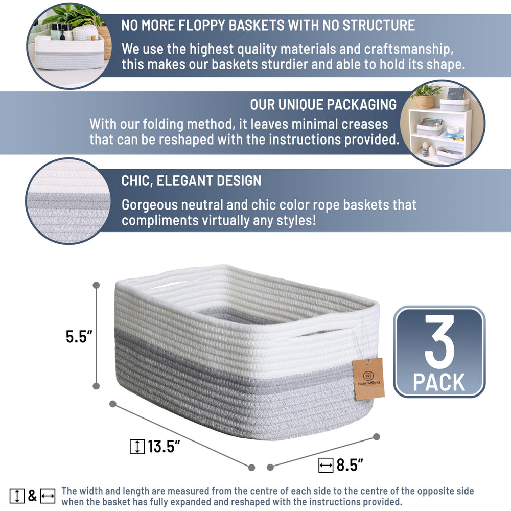 NaturalCozy cotton rope bins close-up shows sturdy weave for durable organization.