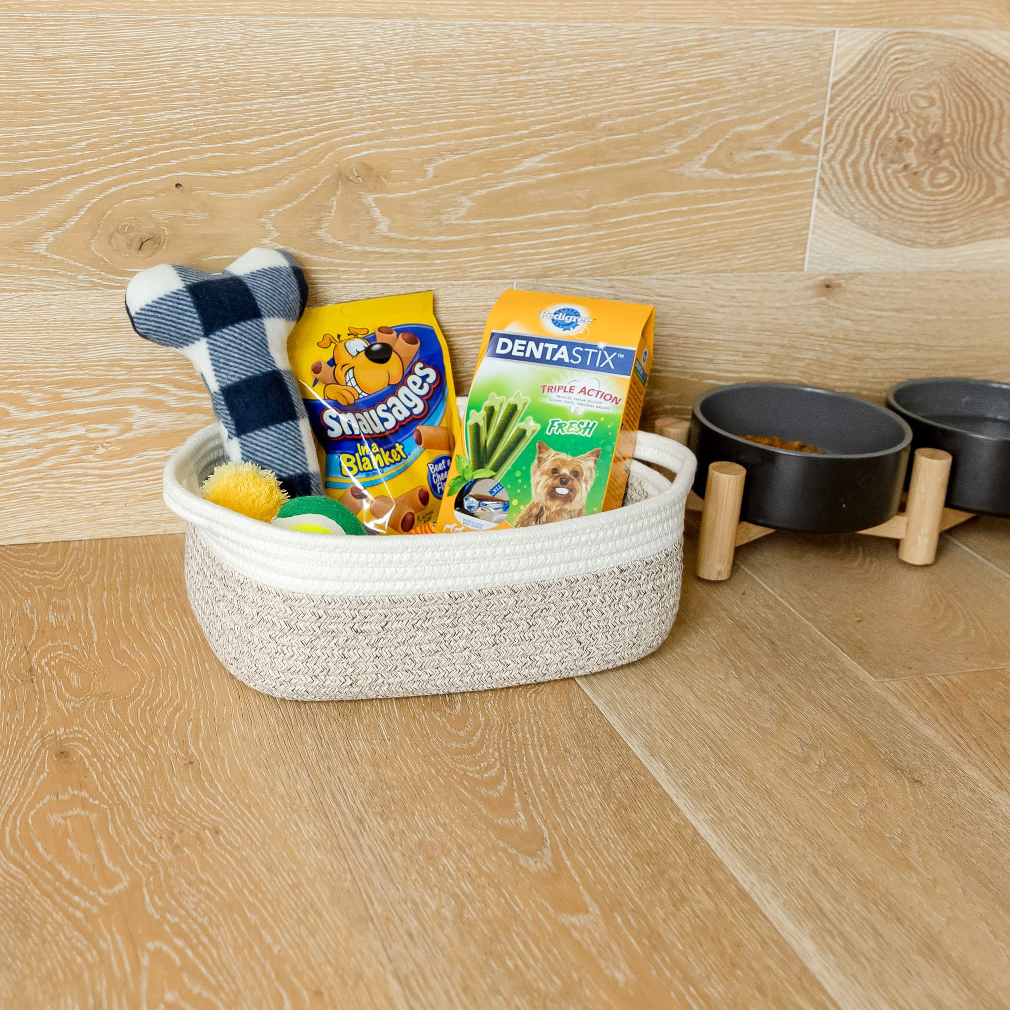 NaturalCozy dog toy storage basket keeps fetch toys organized.