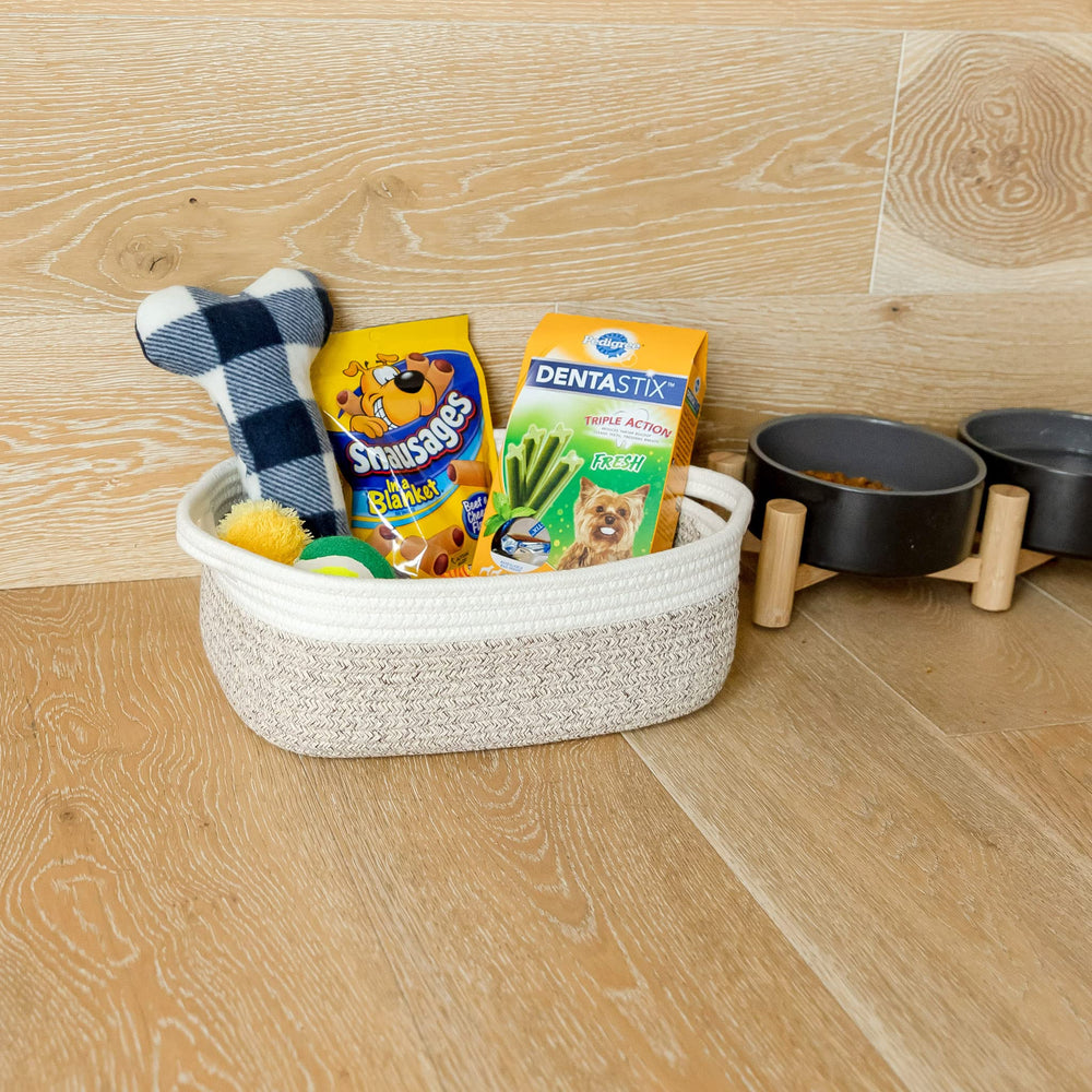 NaturalCozy dog toy storage basket keeps fetch toys organized.