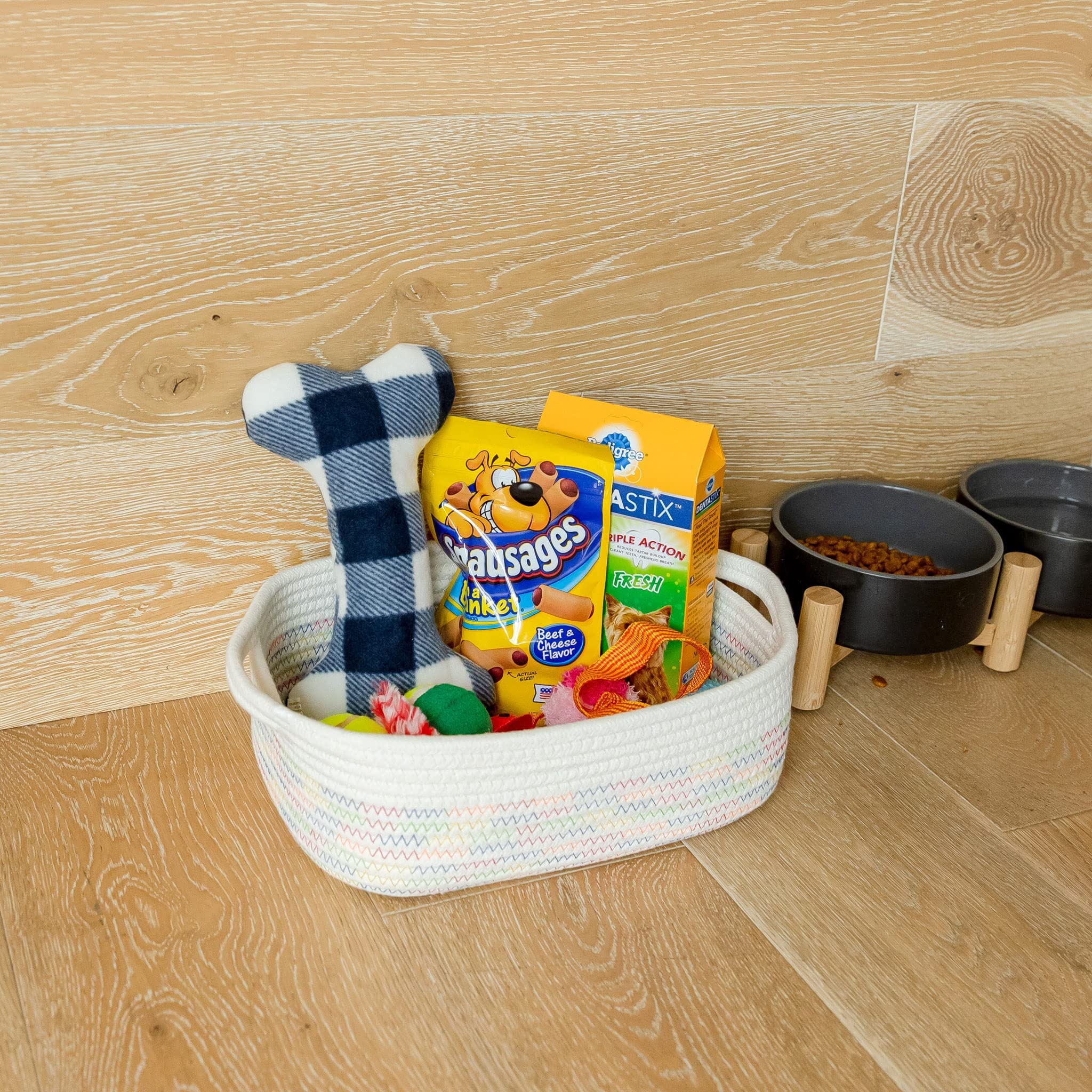NaturalCozy dog-toy storage basket helps tidy pet toys.