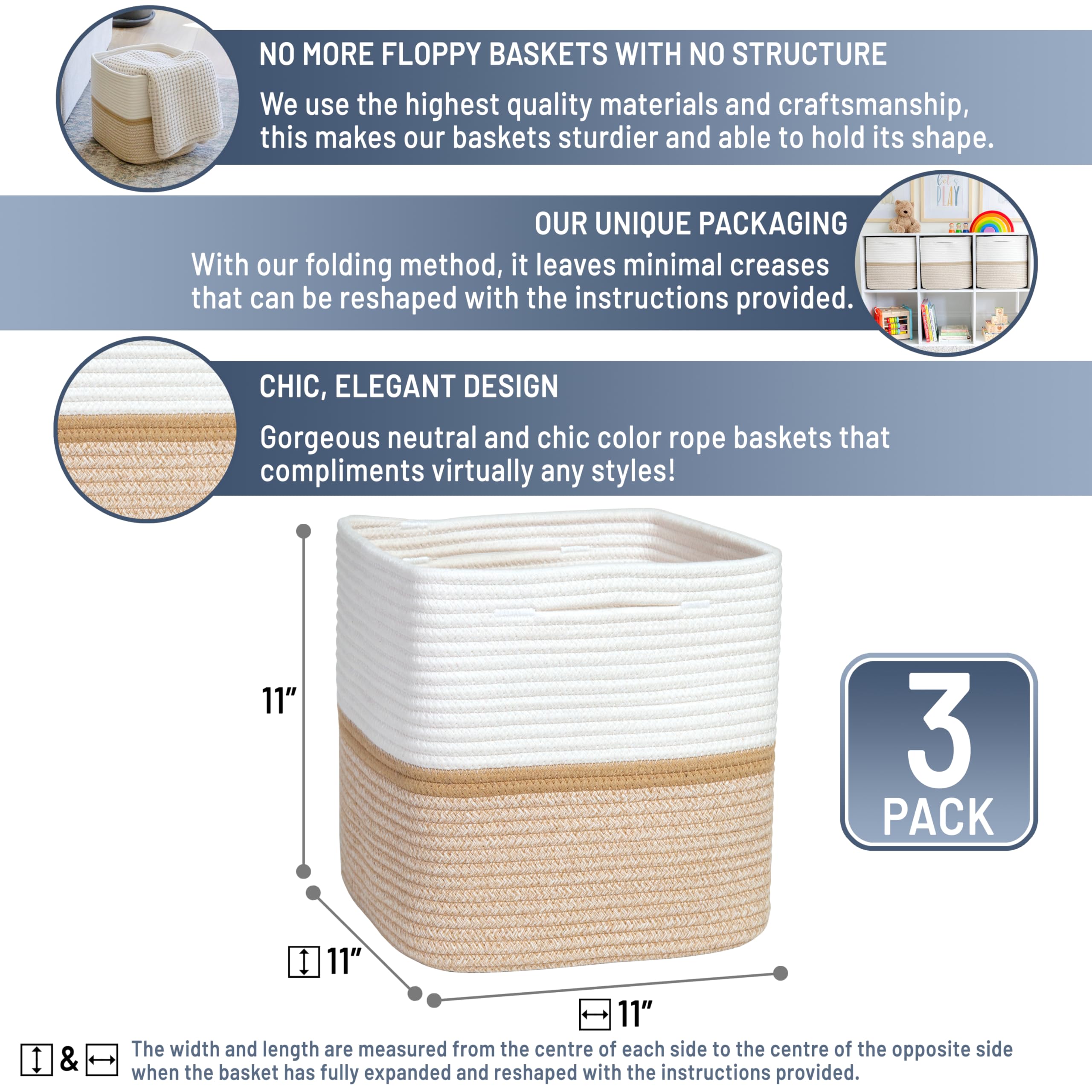 NaturalCozy folding method demonstrates easy reshaping of the cotton rope basket.