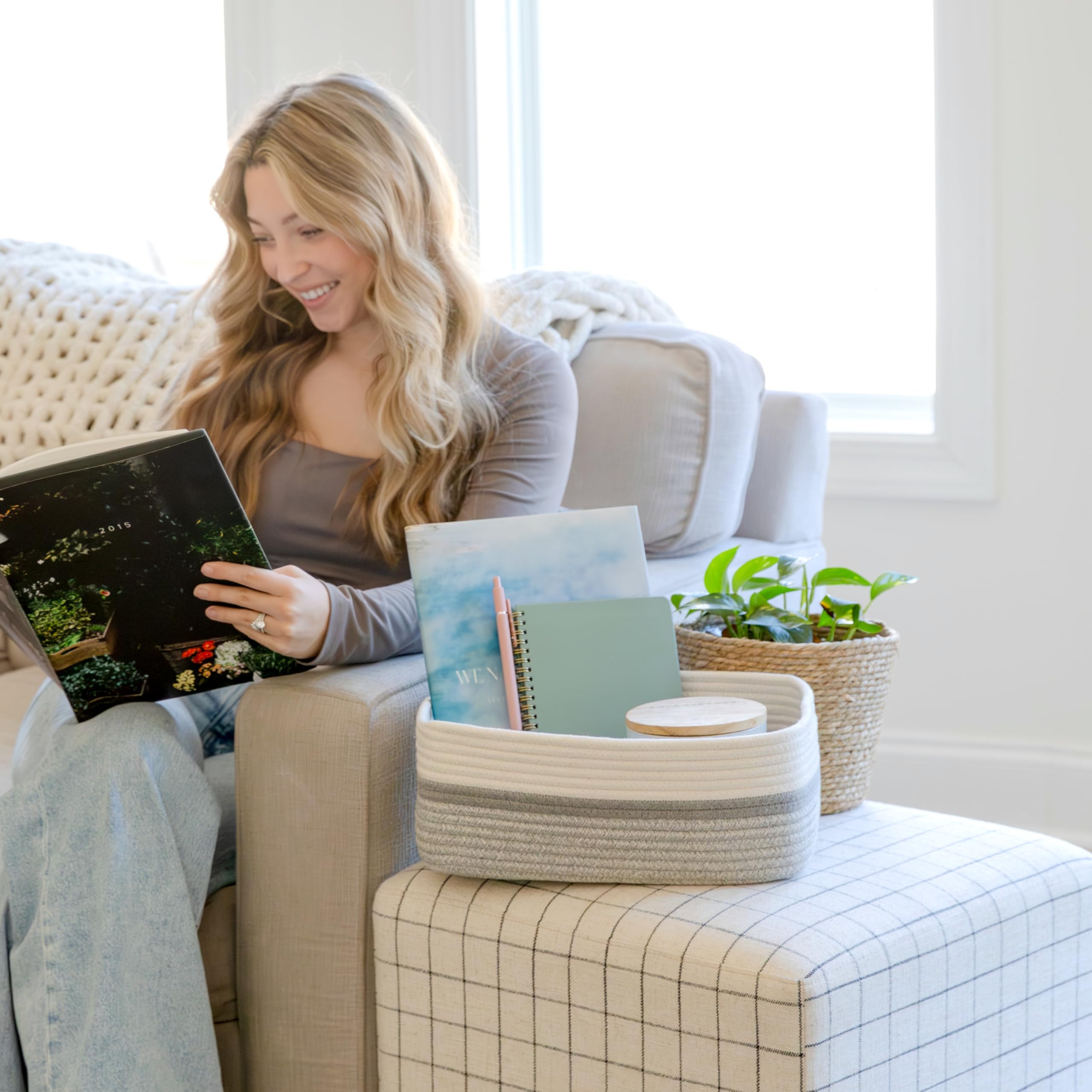 NaturalCozy interior view open basket reveals spacious storage for books and gadgets.