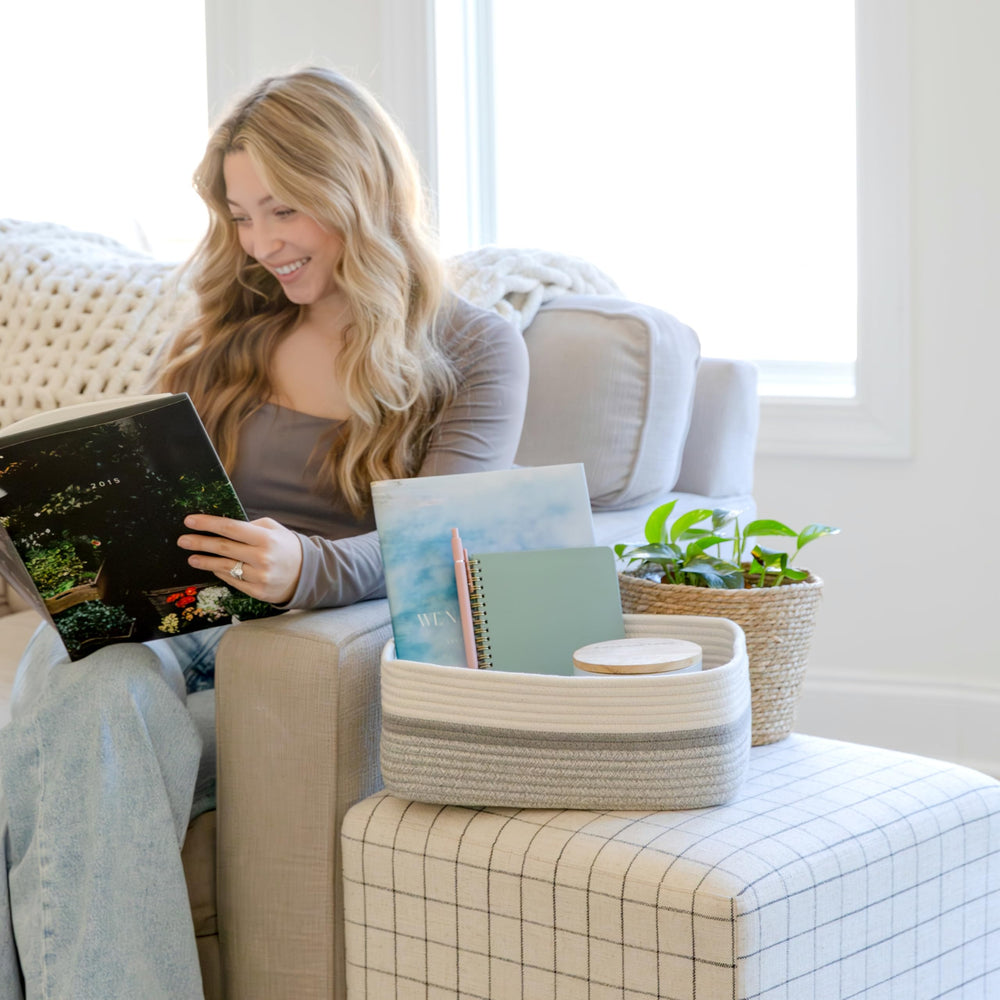 NaturalCozy interior view open basket reveals spacious storage for books and gadgets.