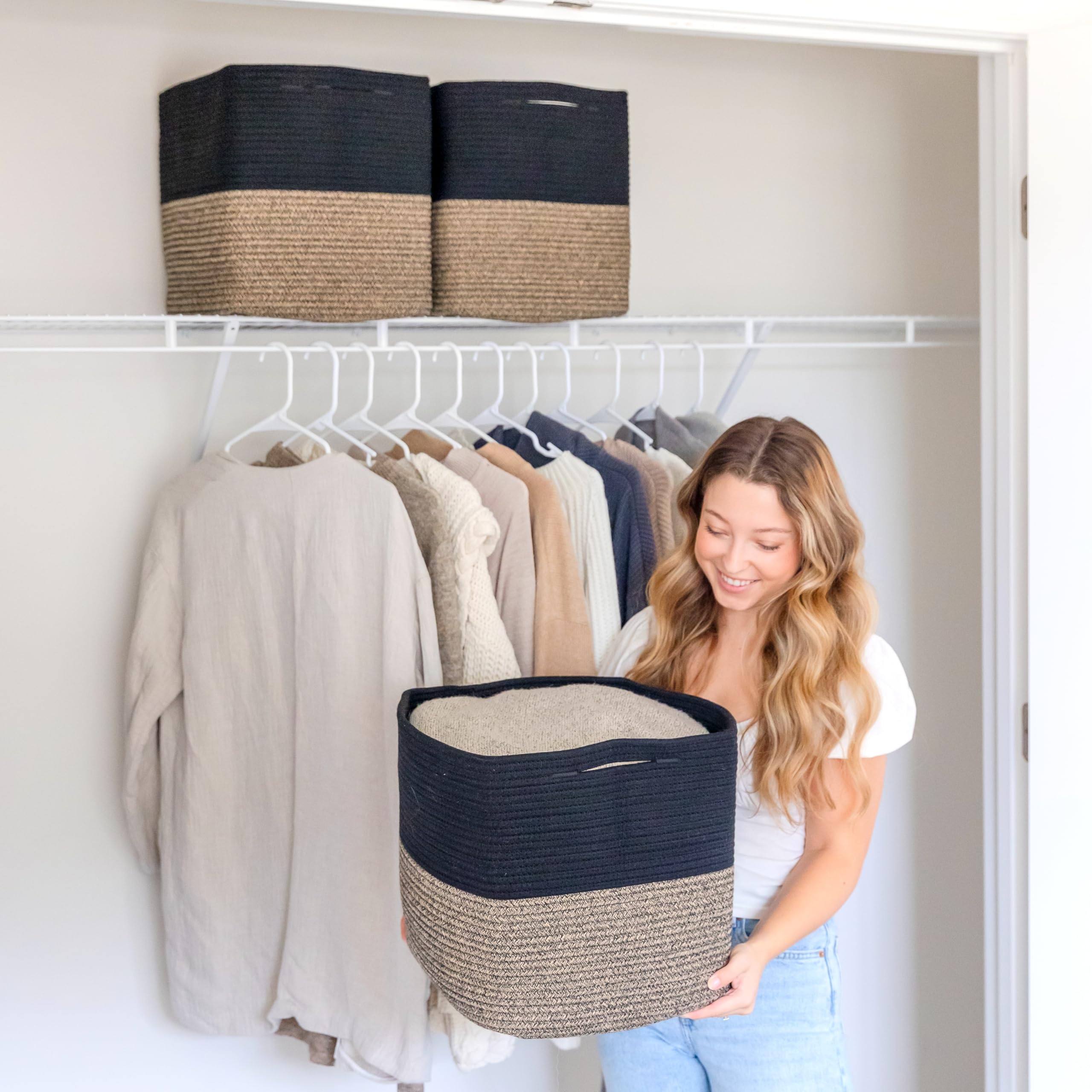 NaturalCozy bin-books-blankets keeps essentials orderly on shelves.