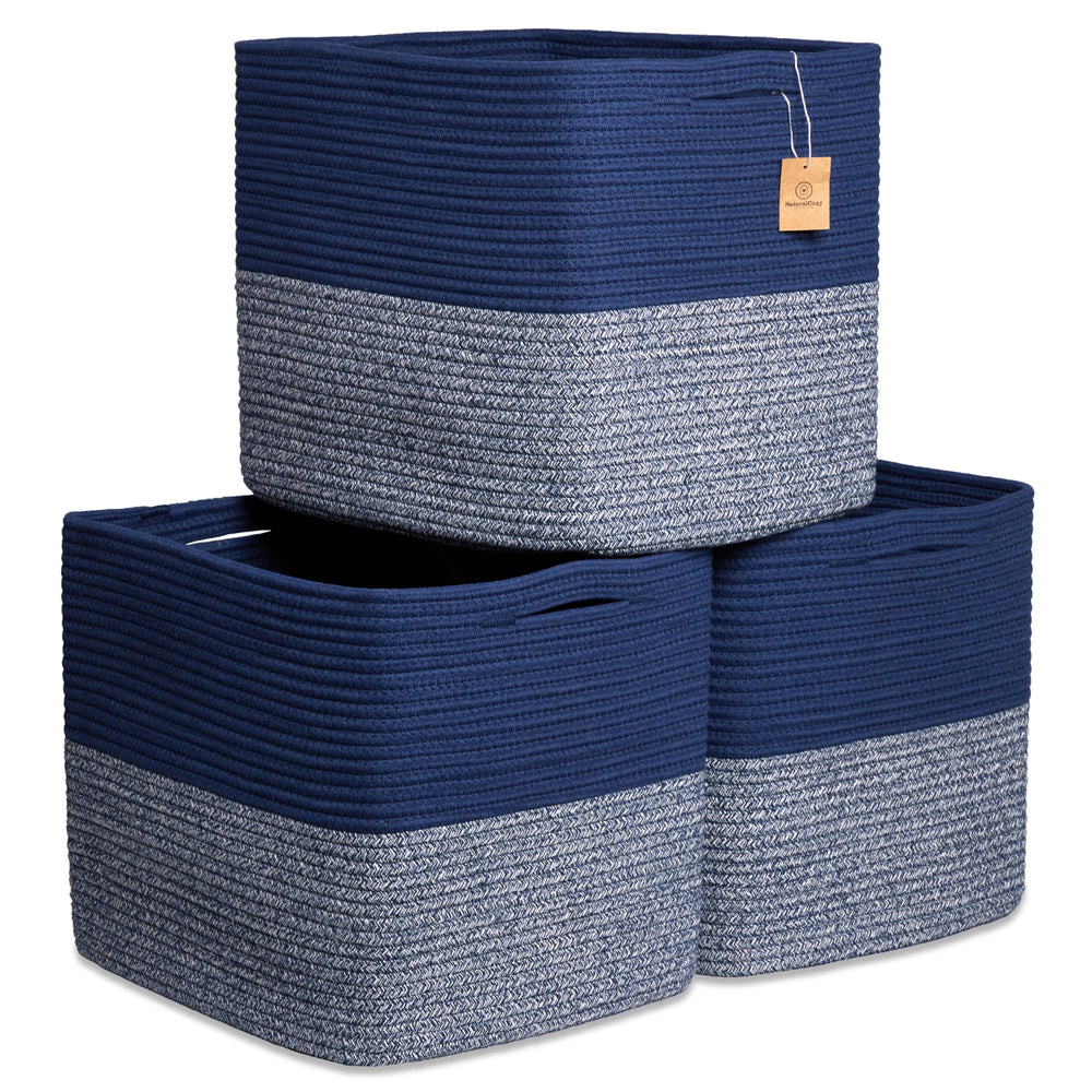 NaturalCozy Kallax bin front view shows sturdy rope weave for neat shelf storage.