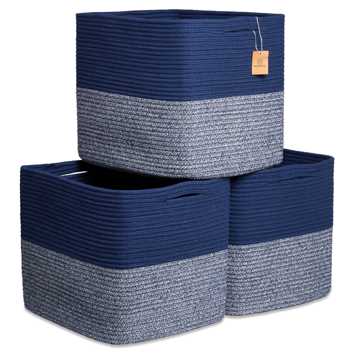 NaturalCozy Kallax bin front view shows sturdy rope weave for neat shelf storage.