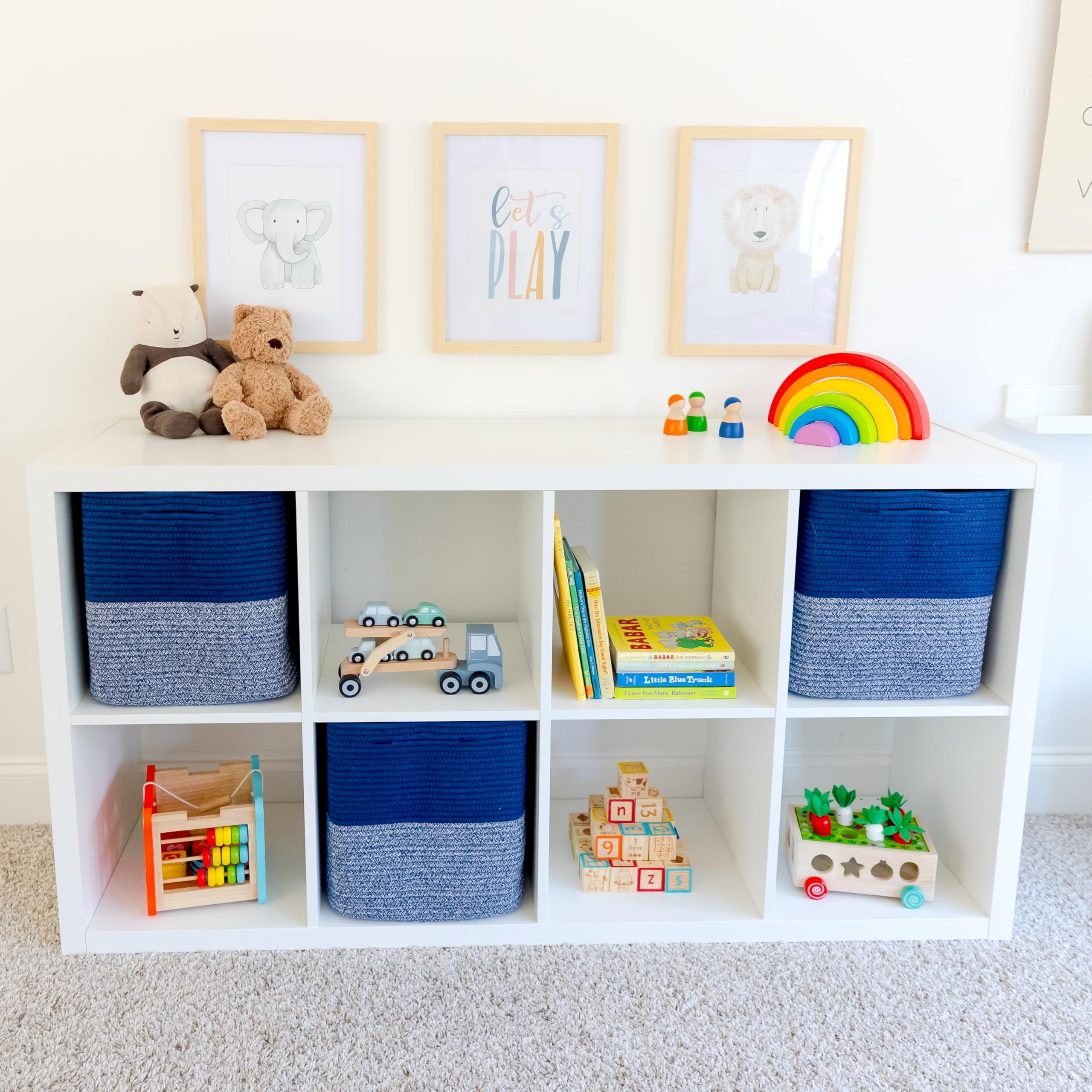 NaturalCozy Kallax bin in-shelf setup reveals extra depth for more toys and books.
