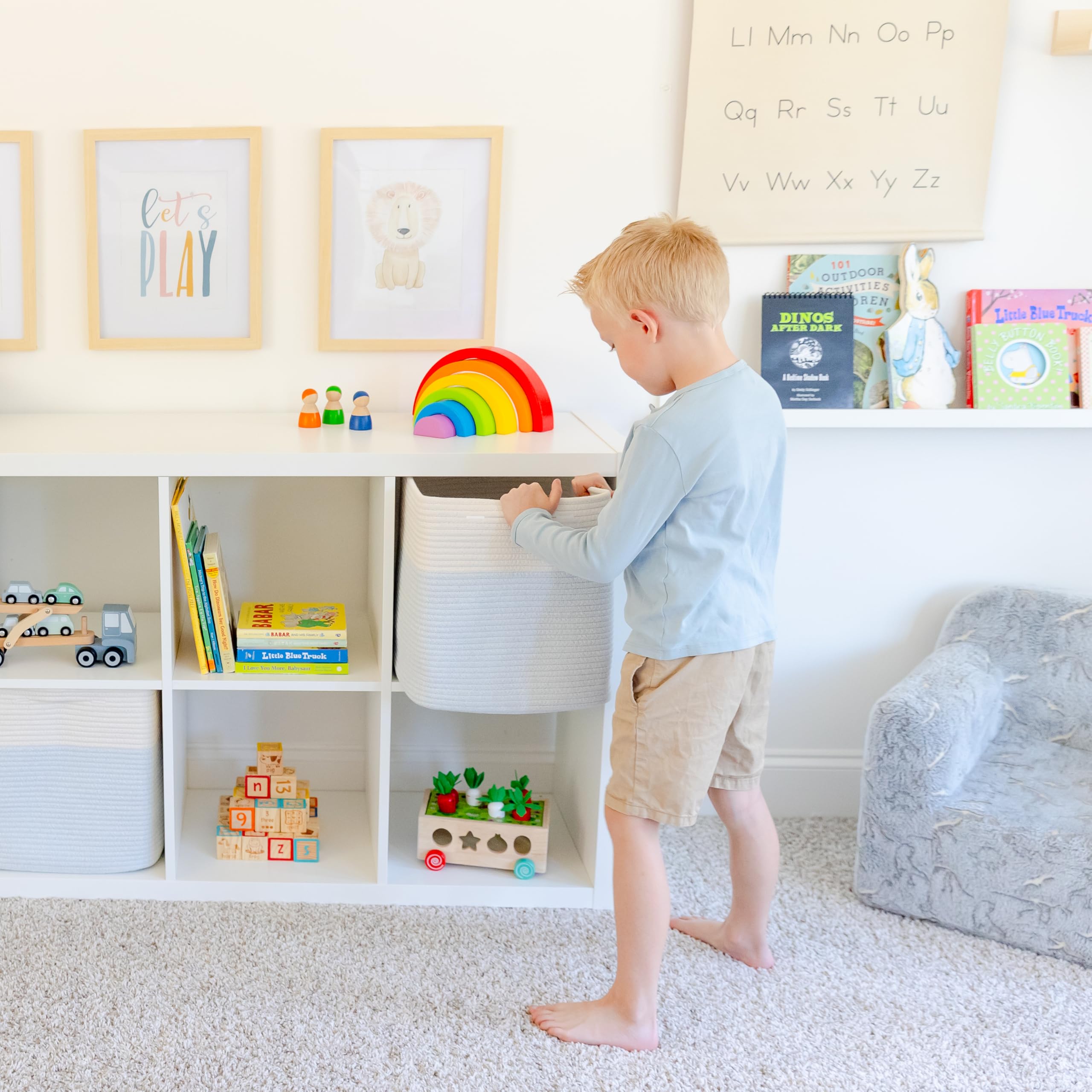 NaturalCozy Kallax bins open basket shows capacity for blankets and toys.